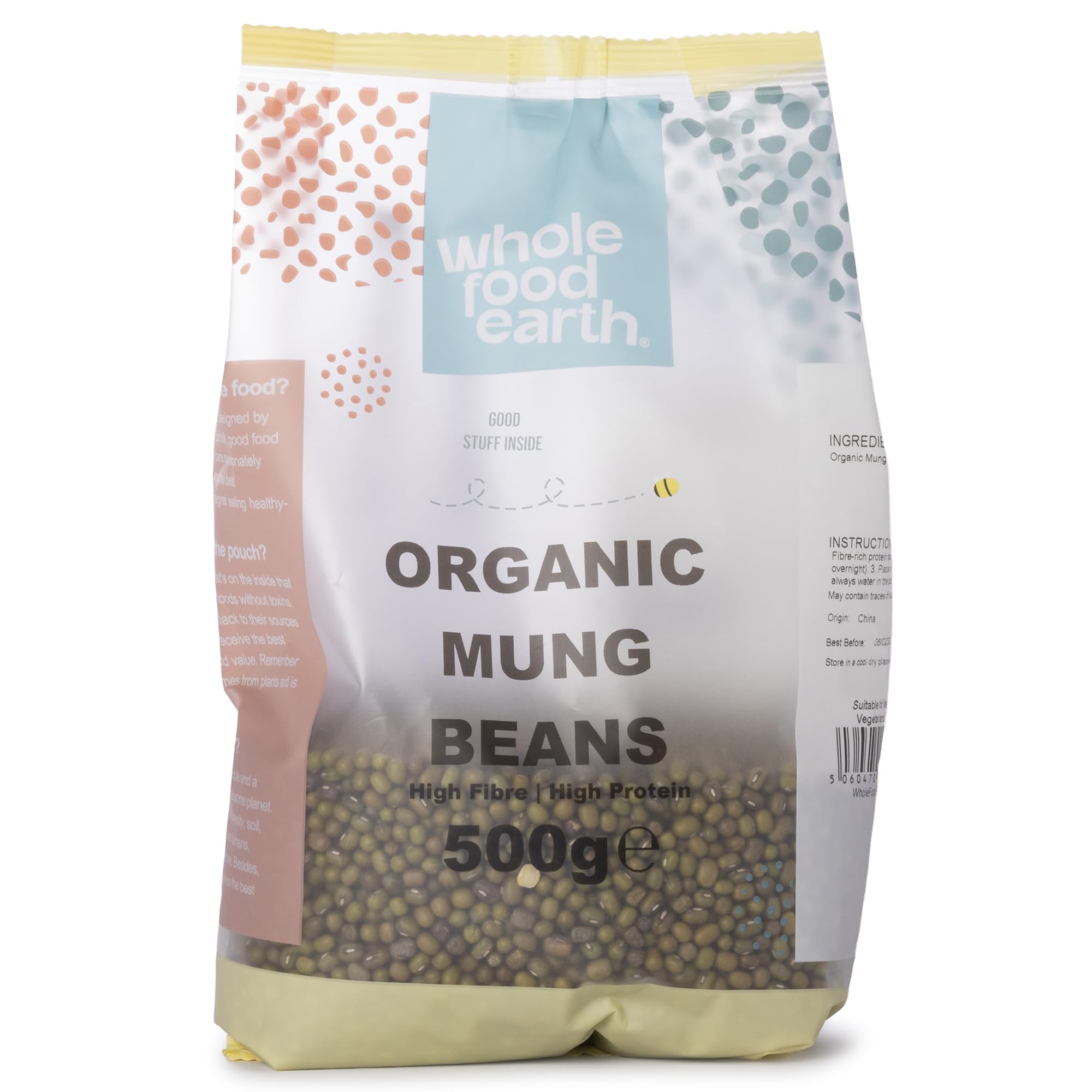 Wholefood Earth Organic Mung Beans 500g GMO Free | Vegan | High Fibre | High Protein | Certified Organic