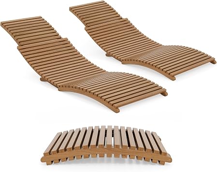 2 Pieces Folding Chaise Lounge Chair Outdoor, Teak Wood Chaise Lounge Chair with Curved Lying Area, Portable Patio Lounger for Poolside, Garden & Backyard