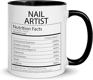 DesiDD Nail Artist Nutrition Facts Mug - Funny Gifts for Manicurist Nail Technician Nail Stylist Men Women - Birthday, Christmas, Appreciation - Nutritional Facts Coffee Cup 11oz
