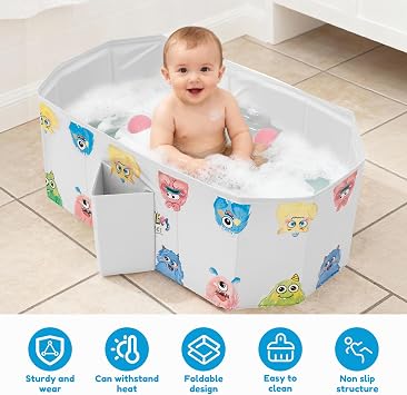 Foldable Bathtub for Children,45x78x30cm Bath Tub,Portable Toddler Bath Basin with Drain Plug, Multifunctional Cat and Dog Pet Wash Shower Basin with Sea Balls for Indoor Outdoor(Little Monster Style)
