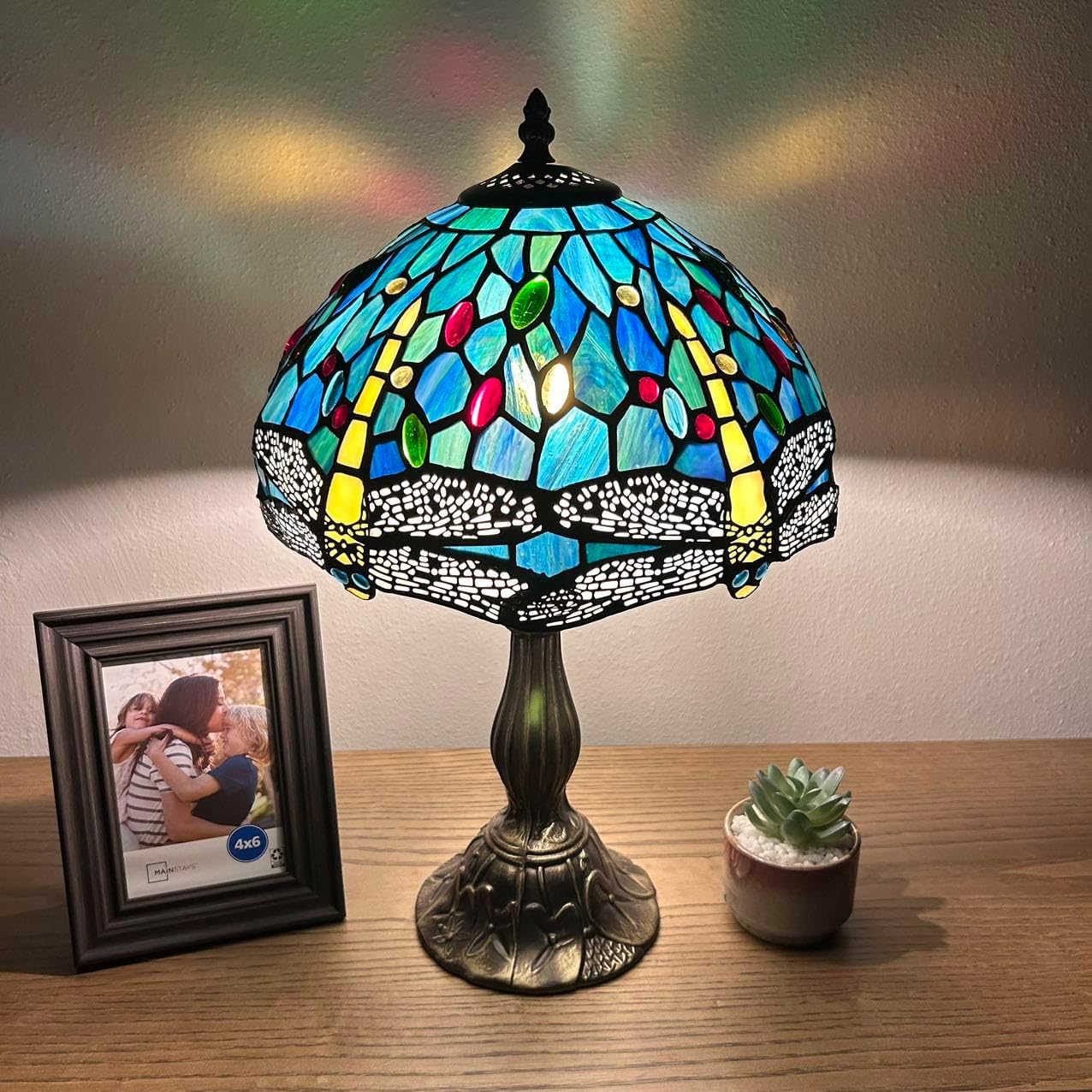 Tiffany Table Lamp Dragonfly Green Blue Stained Glass Vintage for Living Room Dining Room Bedroom Bedside Office Hotel H18*W12 in