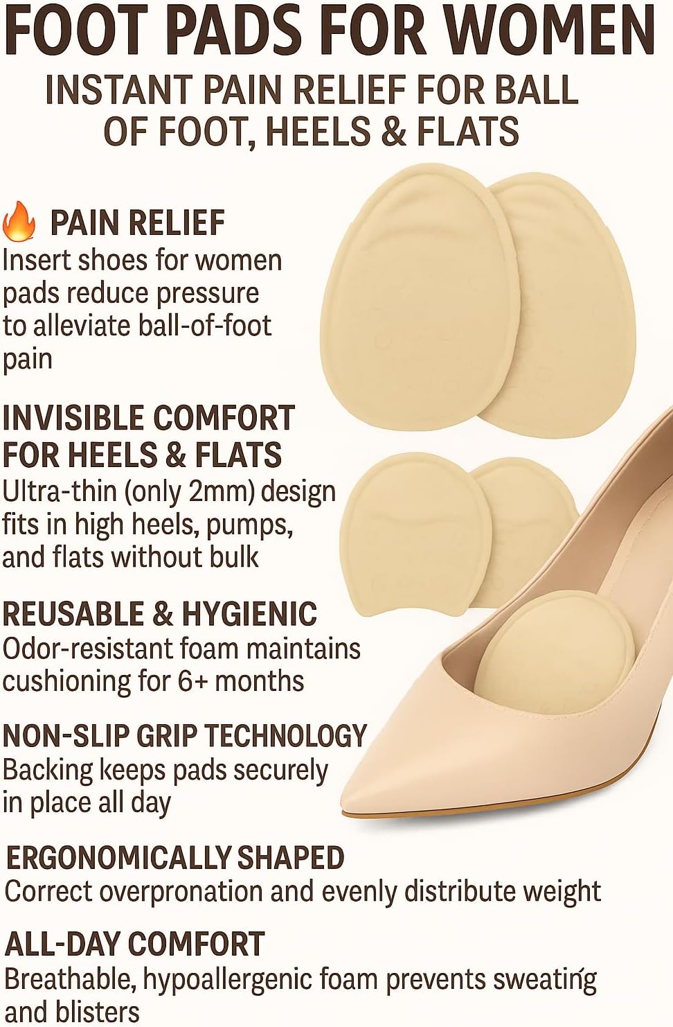 Insert Shoes for Women – 2 Pairs Cushions for Ball of Foot & Heel Inserts– Non-Slip Beige Inserts for Pain Relief – Ideal for Sneakers, Work Shoes, Flats & High Heels - Image 2
