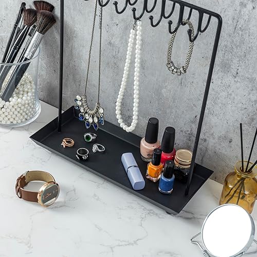 Miniatura 4 de MyGift Soporte de joyería de metal negro para mujer, soporte organizador de joyas para collares con 20 ganchos y bandeja para anillos, poste
