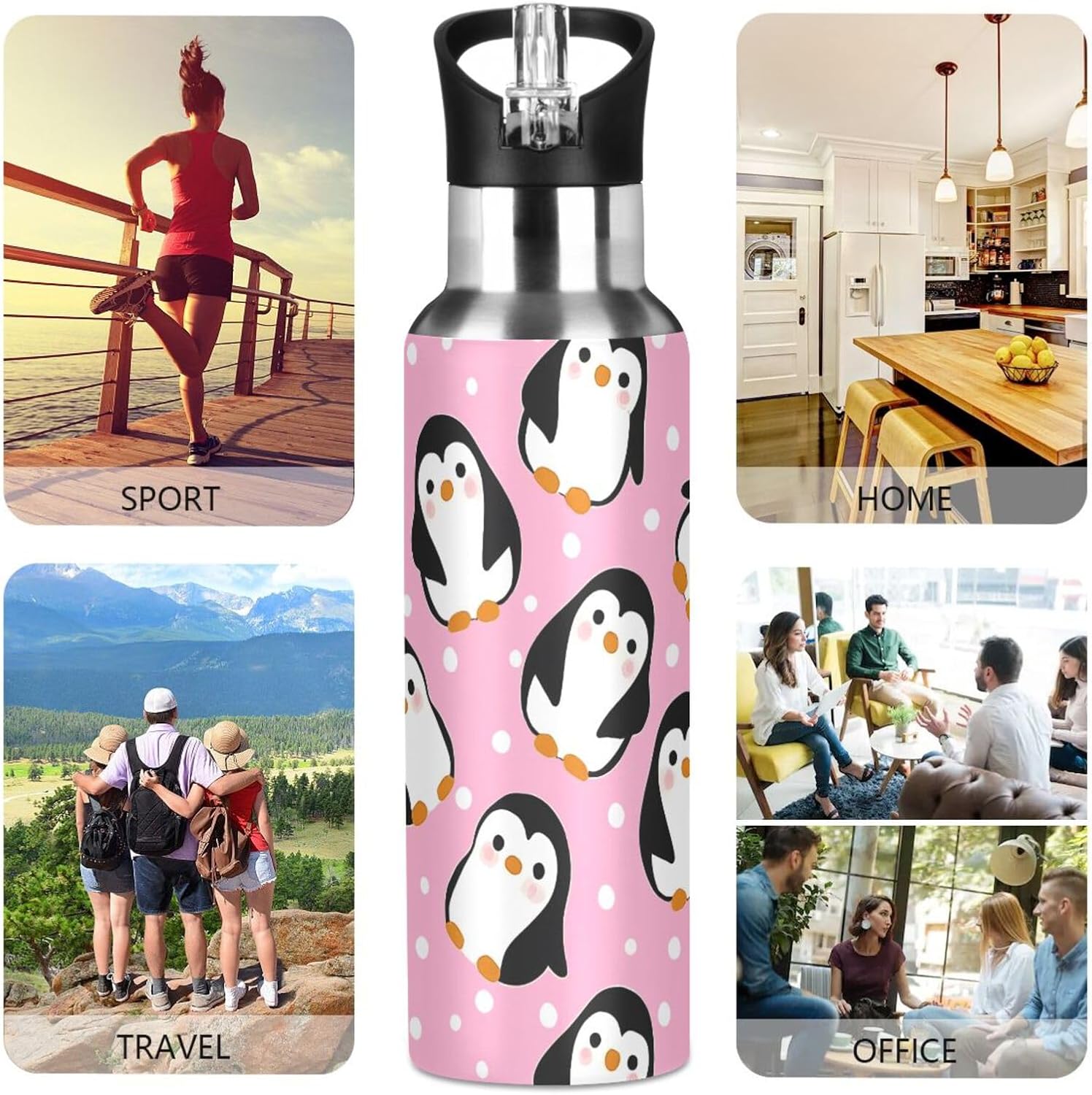 Pink Penguin Water Bottle Kids Stainless Steel Water Bottle with Straw Lid, Leak Proof Boys Girls Insulated Tumbler Cup for School 20 oz