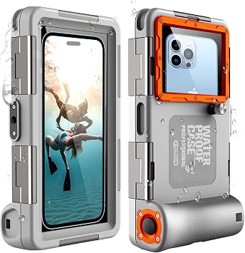 iPhone Underwater Photography Case, IPX8 Waterproof Level 15M Underwater Waterproof Pouch for Diving Swimming Sea Summer Festival Hot Spring Fishing with Strap Grey+Orange