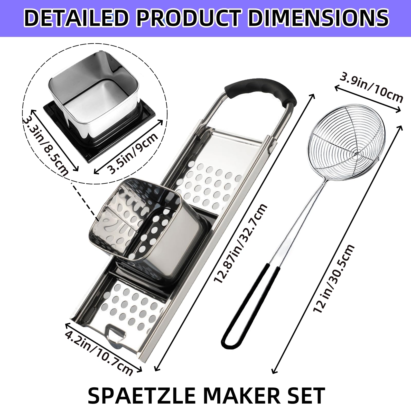 Stainless Steel Spaetzle Maker Set, Widen Handle Homemade Egg Noodle Dumpling, Stainless Steel Spider Strainer for pots and Pans Making Tool, Homemade German Egg Noodle Dumpling Making Tool Set