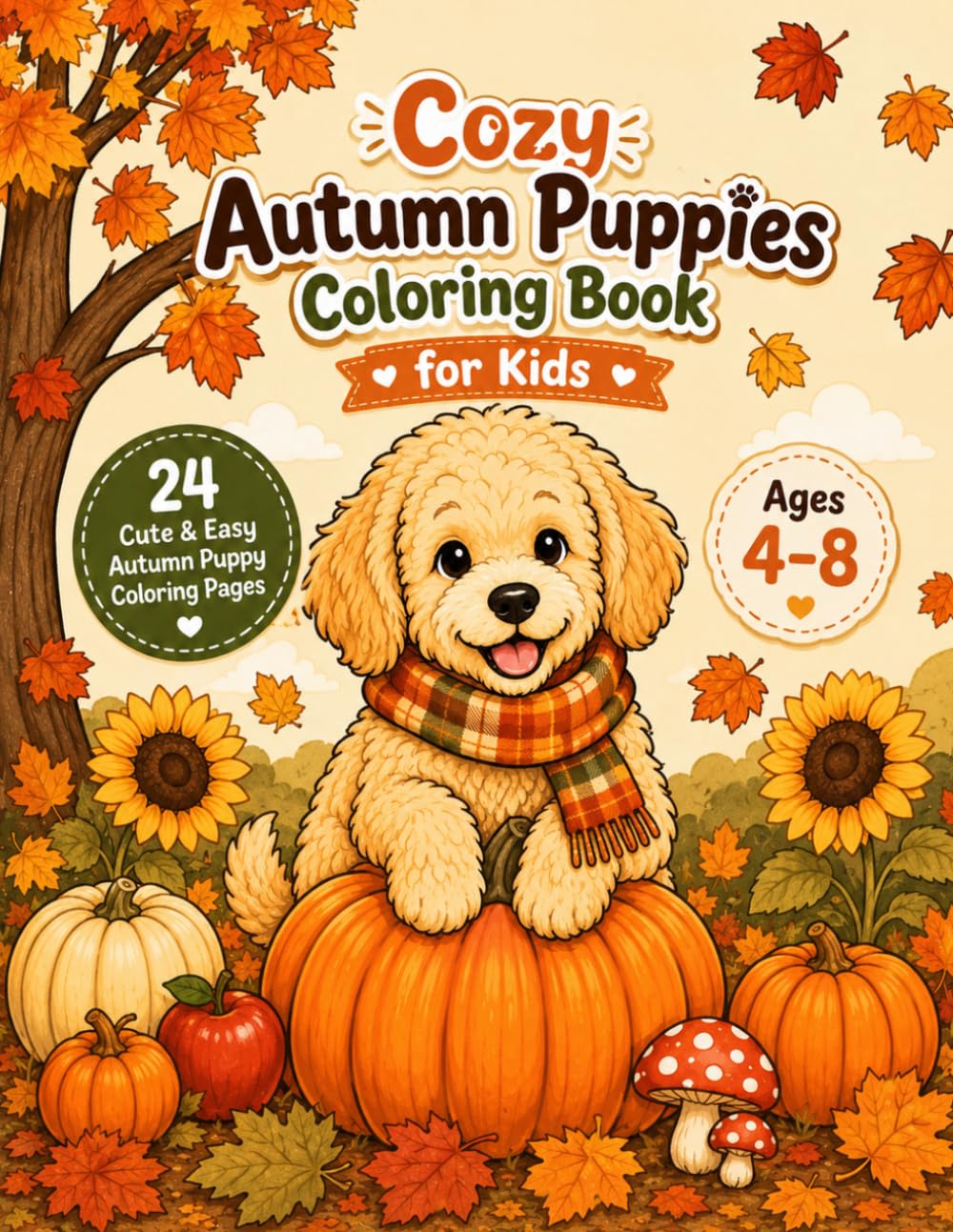 Cozy Autumn Puppies Coloring Book for Kids: 24 Cute & Easy Fall Coloring Pages for Ages 4–8