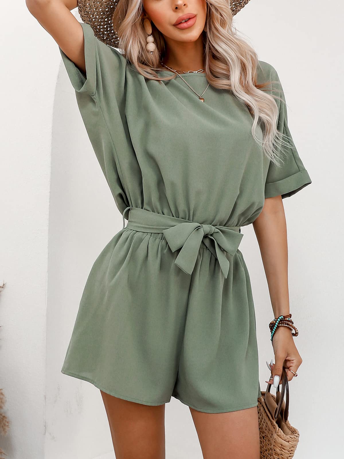 CUPSHE Damen Jumpsuit Rundhals Kurzarm Rückenschlitz Weites bein Kurz Romper mit Taillenschnürung Sommer Hosenanzug Playsuit