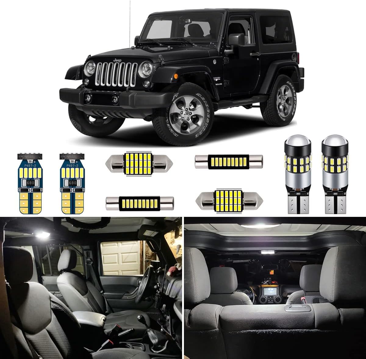 AUTOGINE 7 Piece CANBUS LED Interior Light Kit for Jeep Wrangler JK 2-Door 2007 2008 2009 2010 2011 2012 2013 2014 2015 2016 2017 2018 Super Bright 6000K White LED Bulbs Package + Install Tool
