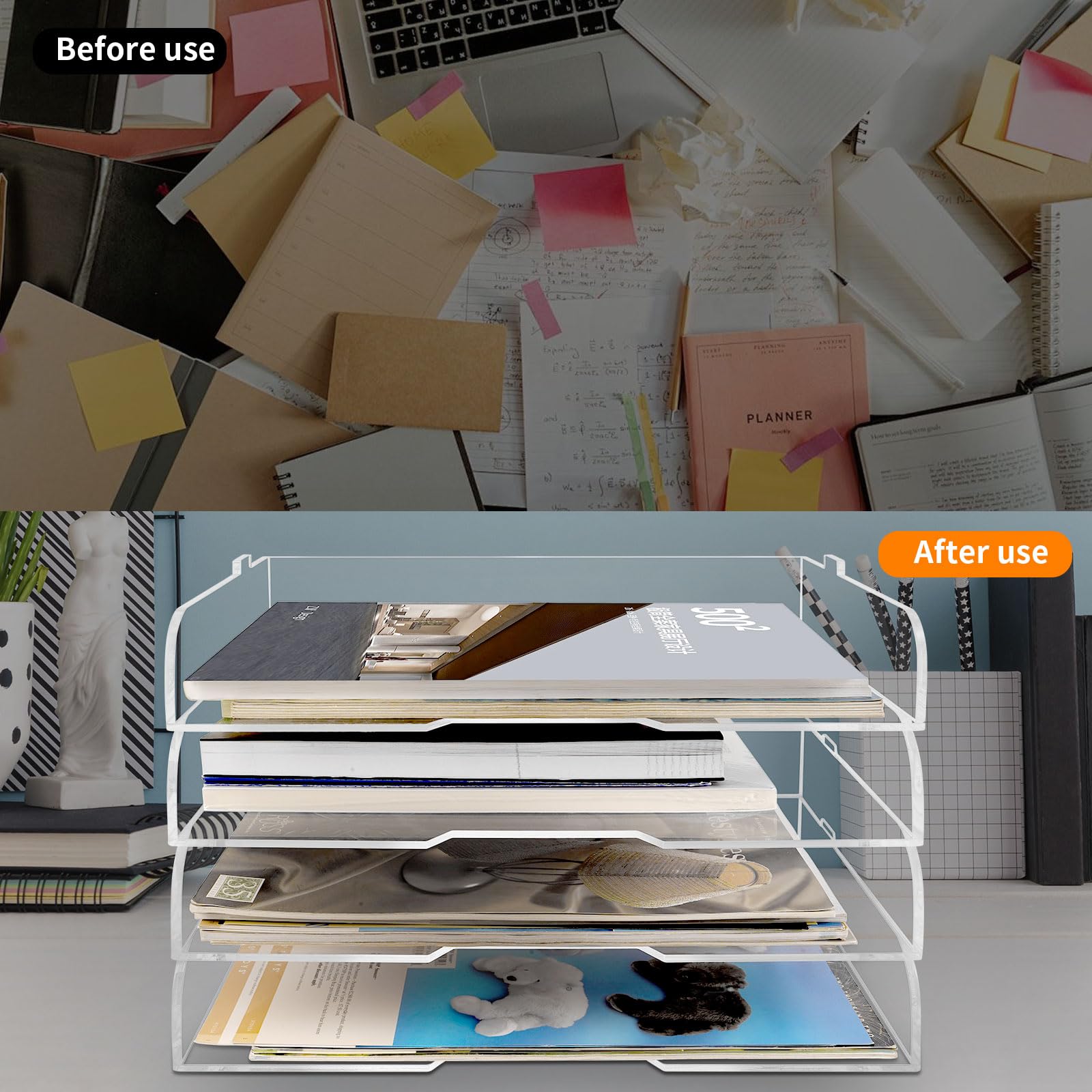 Paquete de 4 bandejas de papel apilables para cartas, revistero acrílico transparente y organizador de archivos, elegante organizador de escritorio para oficina en casa, estantería o espacio de