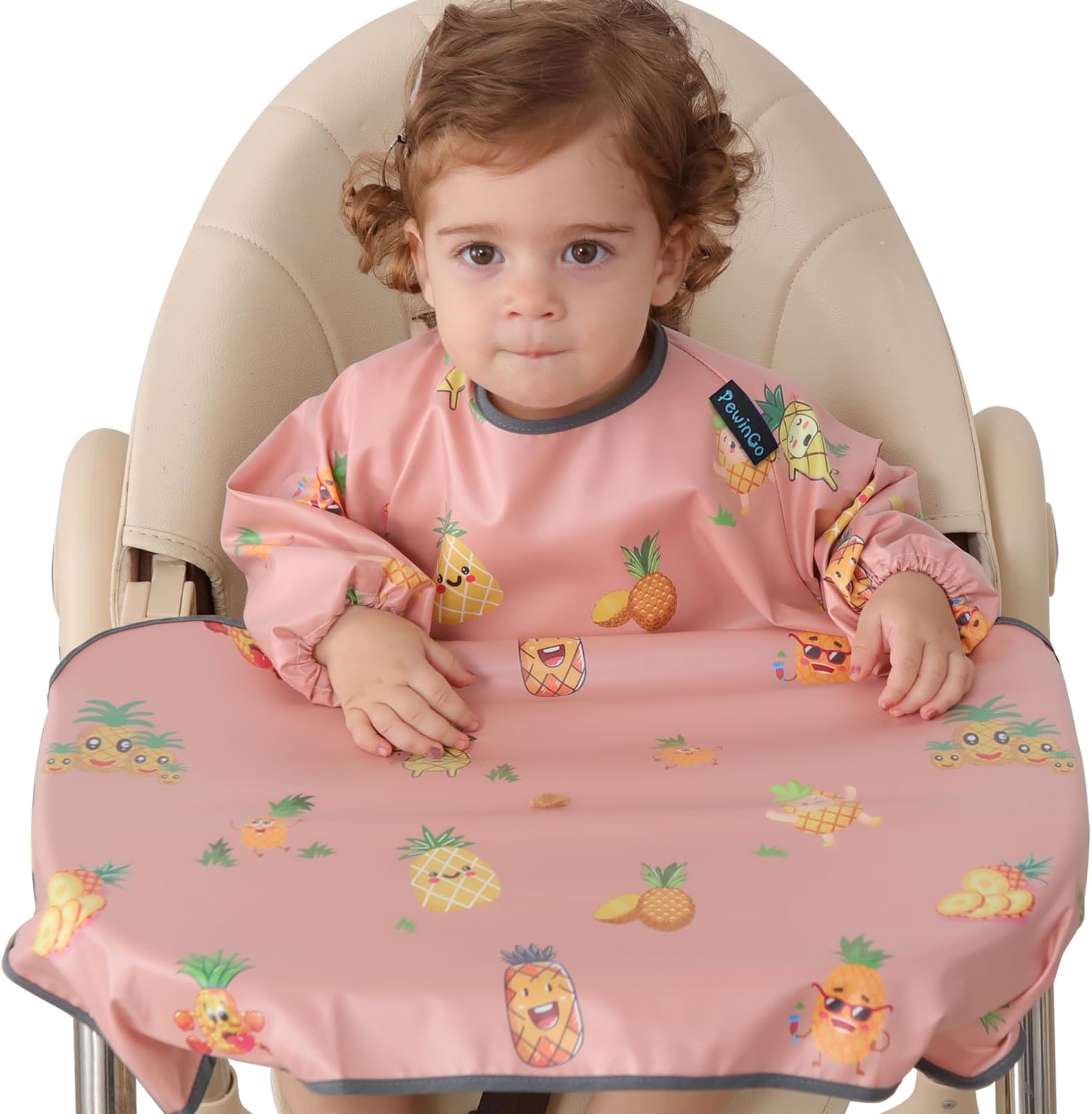 PewinGo Weaning Bib, Baby Bib Attaches to Babies Highchair, Baby Bibs with Sleeves Waterproof, Comfortable and Soft for BLW Mess-6 Months to 30 Months, One Size Fits All