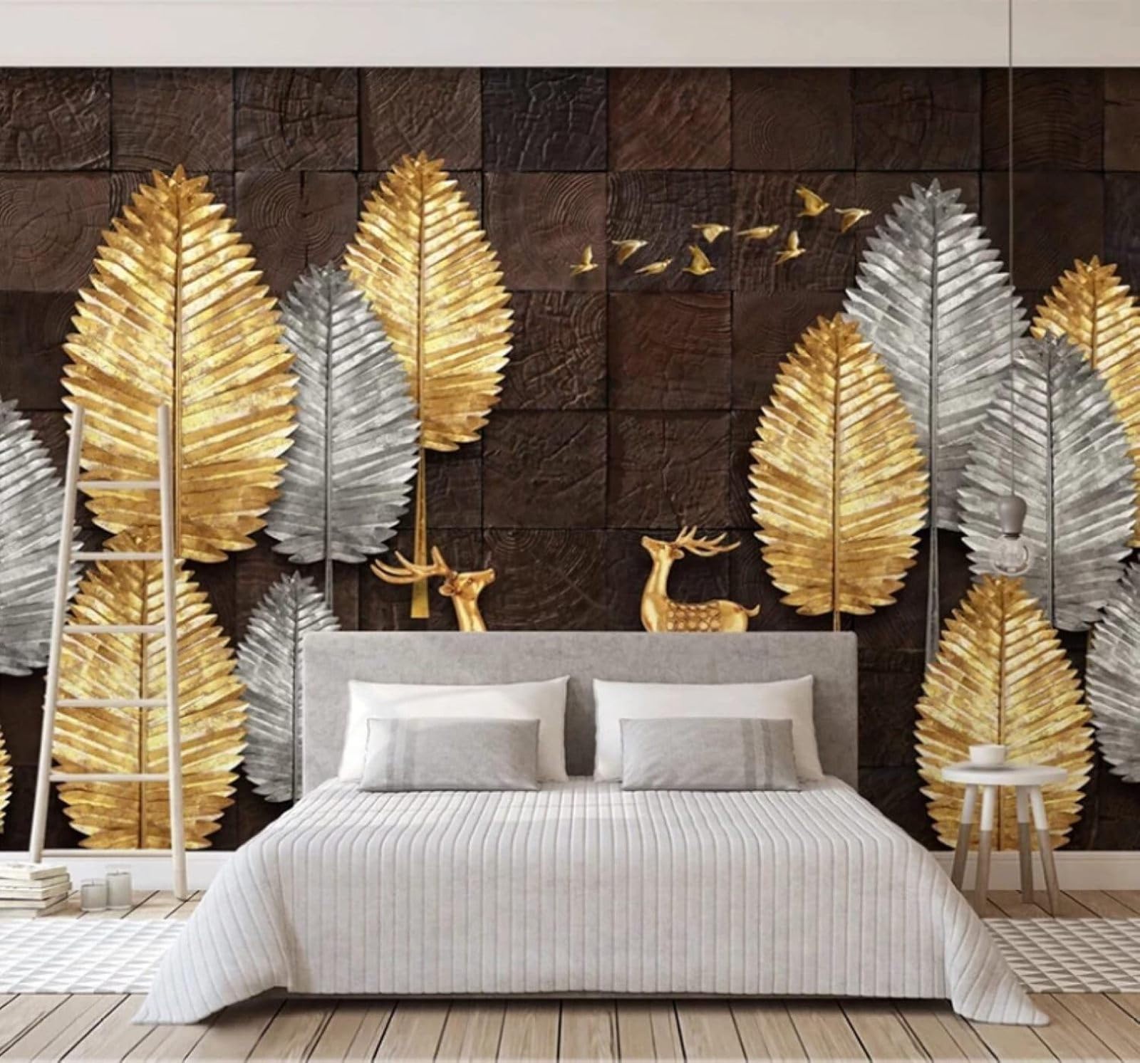 Wallpaper-3D-Xlm 350Cm×256Cm(B×H) Vintage Wood Grain Gold Leaves Reindeer Birds 3D Wallpaper Easy Install Feature Office Living Room Sofa Bedroom Tv Background Wall Decoration-350Cm×256Cm