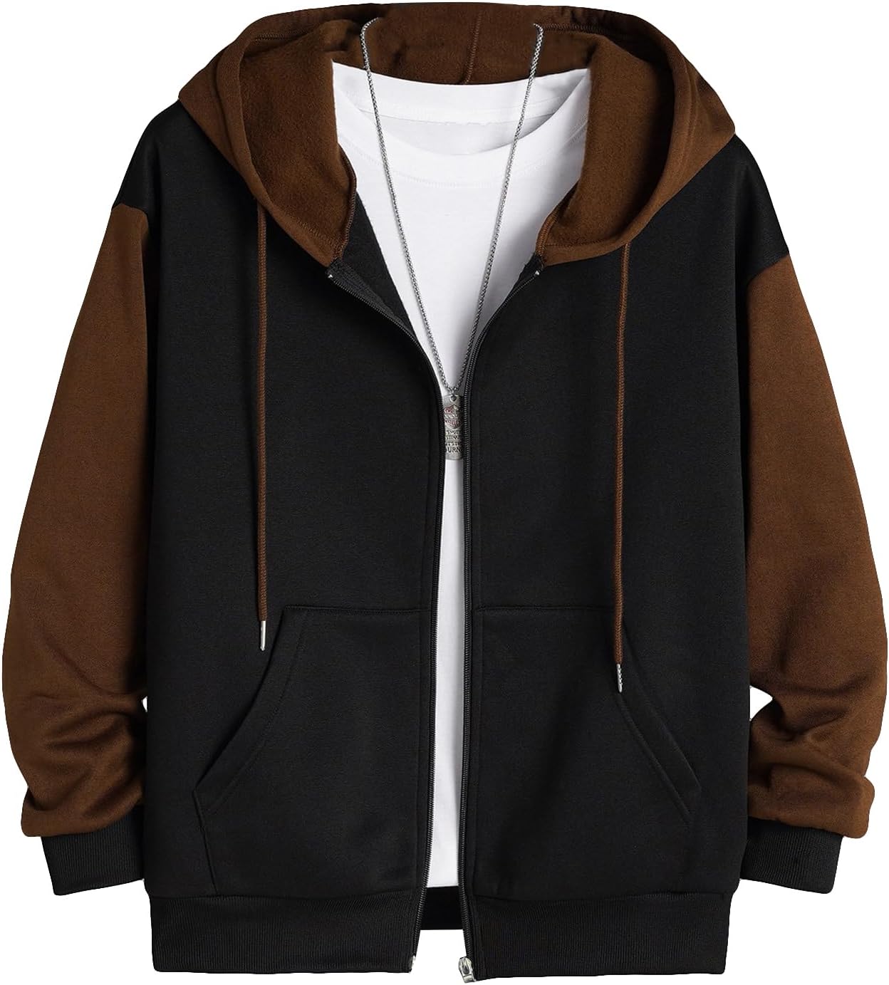 GORGLITTER Men's Color Block Drawstring Zip Up Hoodie Sweatshirt Jacket Long Sleeve with Pockets Brown Large