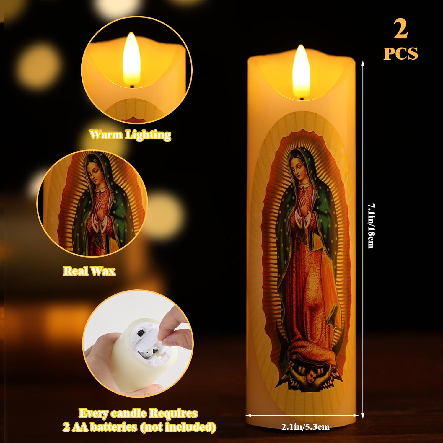 Baquler 2 Pcs Religious Flameless LED Prayer Candle Real Wax Baptism Set Devotion Candles Religious Decoration Gift for Home and Office, Battery Operated with Remote Control(Lady of Guadalupe) - Image 2