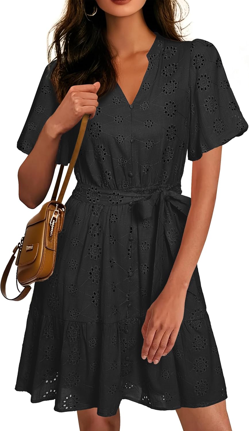 Simplee Womens 2026 Summer Mini Dress Eyelet V Neck Short Sleeve Hollow Out Belted Beach Vacation Sun Dresses with Pockets