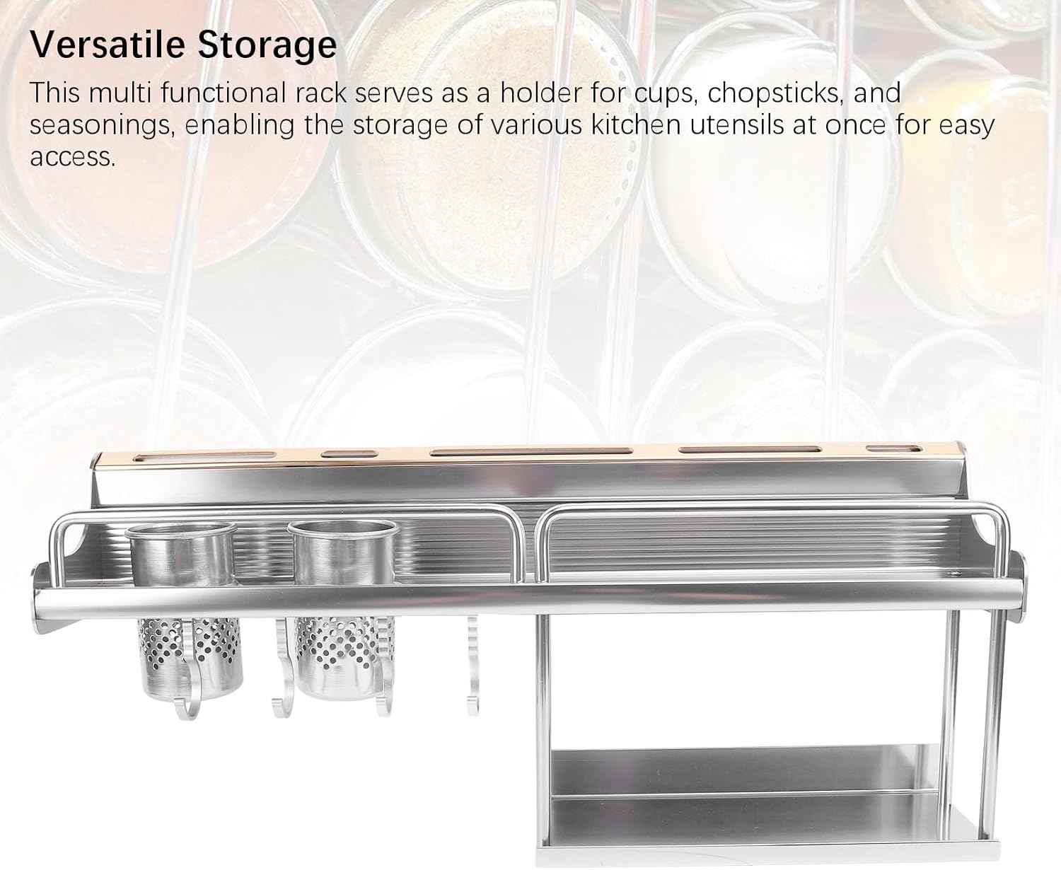 Wall Mounted Rack Aluminium Alloy Wall Utensil Organizer with Dual Chopstick Holder for Kitchen