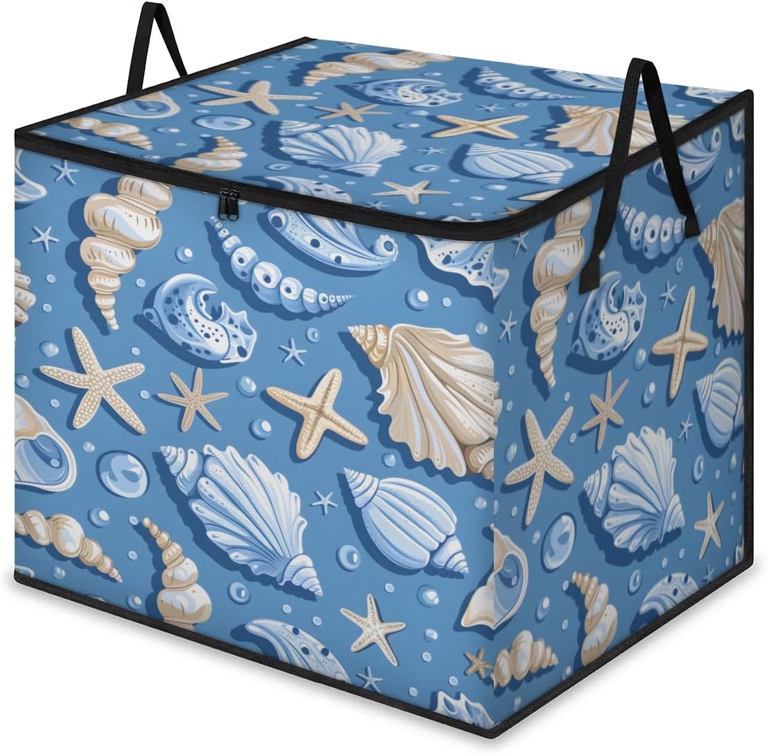Honeybaby 214L Extra Large Comforter Storage Bag Starfish Ocean Seashell Storage Totes with Lids Waterproof Closet Organizer Folding Blanket Storage Bags for Clothes Bedding Pillows