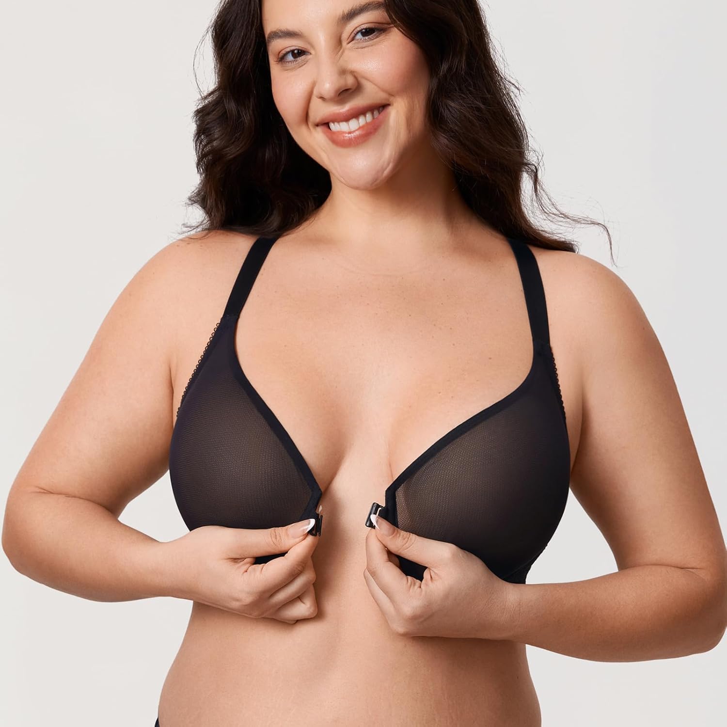 DELIMIRA Women's Front Closure Racerback Bra Sheer Mesh Plus Size Full Coverage Underwire Unlined Bras - Image 3