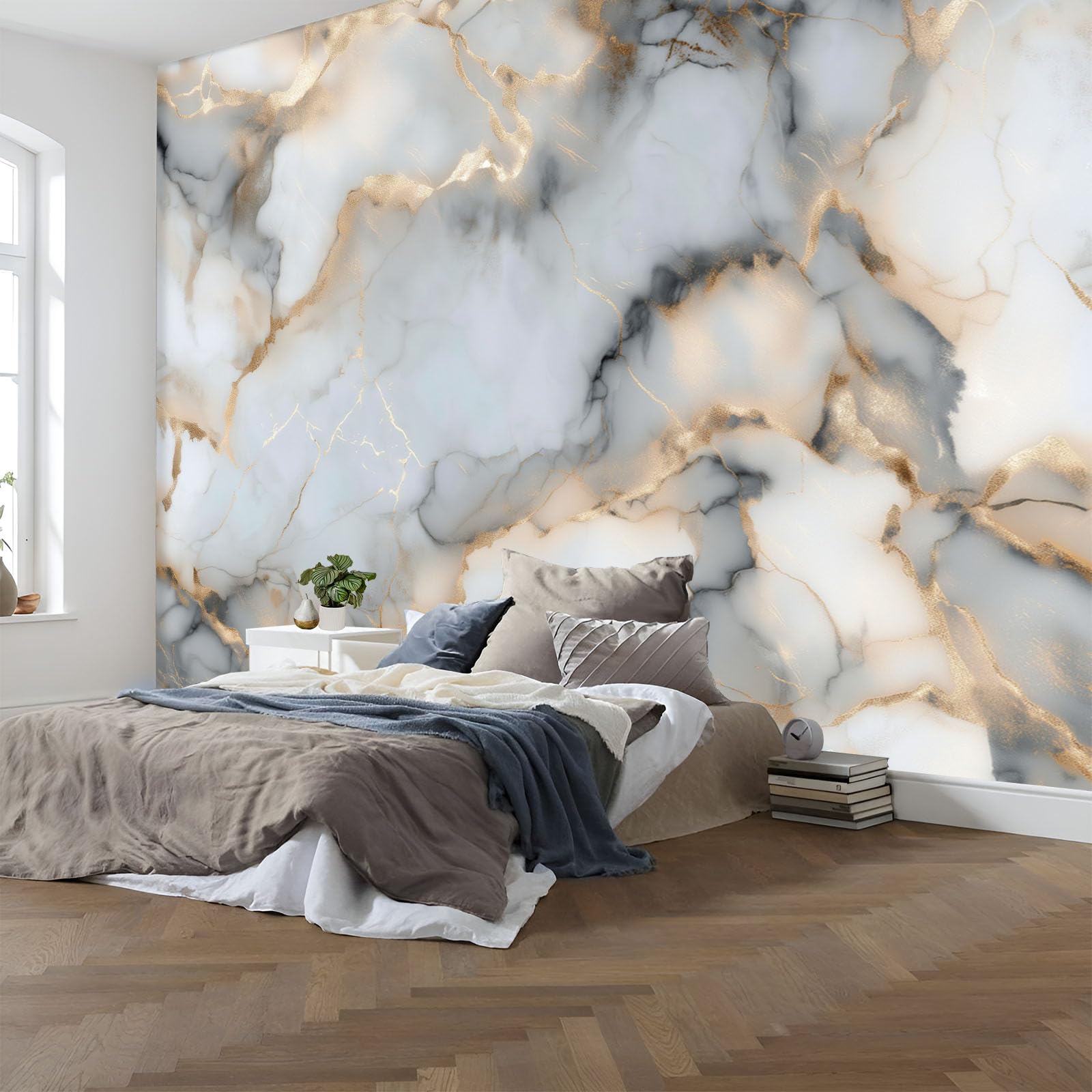 Carta Da Parati Fotomurale Xxl Elegante Marmo Screpolato 200X140Cm, Poster Murale Fotografica 3D In Tessuto Non Tessuto Onde Di Marmo Di Lusso Di Grande Per Tv Corridoio Soggiorno, Bianco Oro