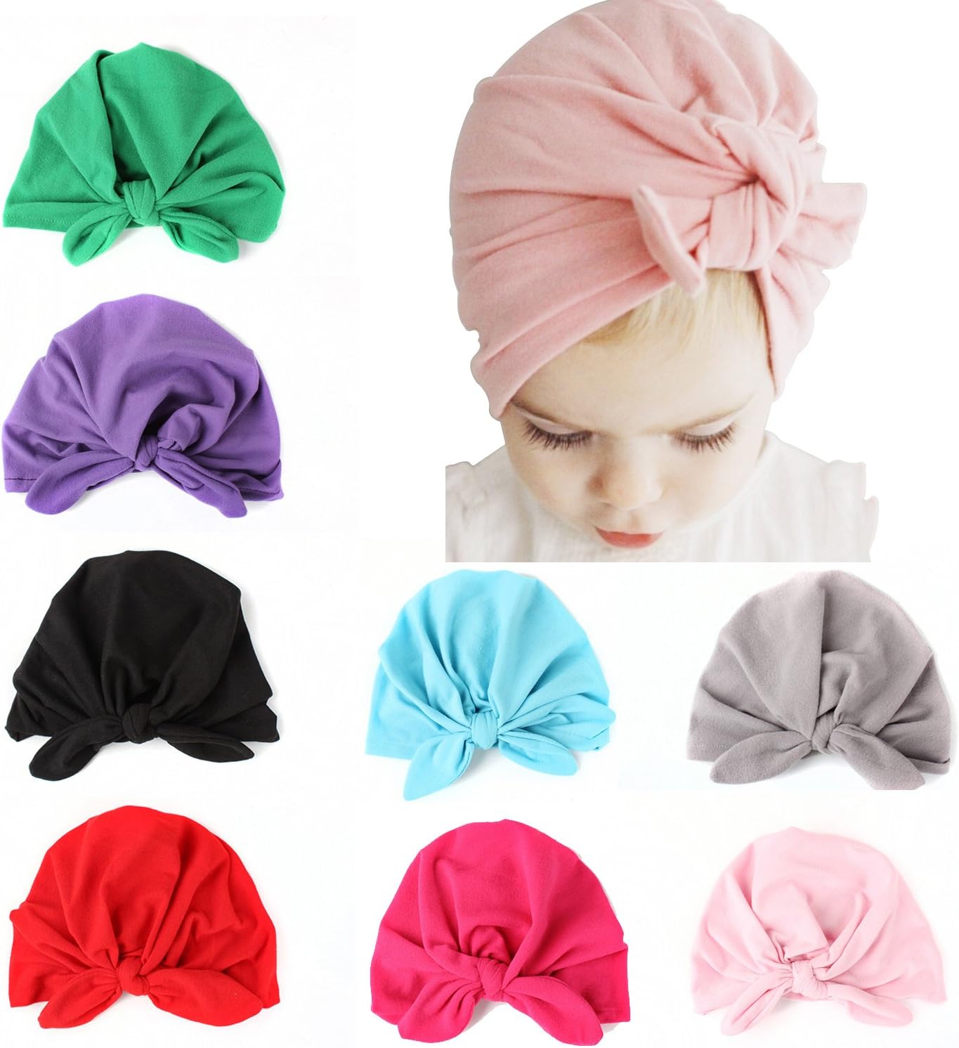 IDoy 8 Pcs Baby Hat Headband Newborn Baby Girl Soft Cute Turban Toddler Rabbit Knotted Hospital Hat
