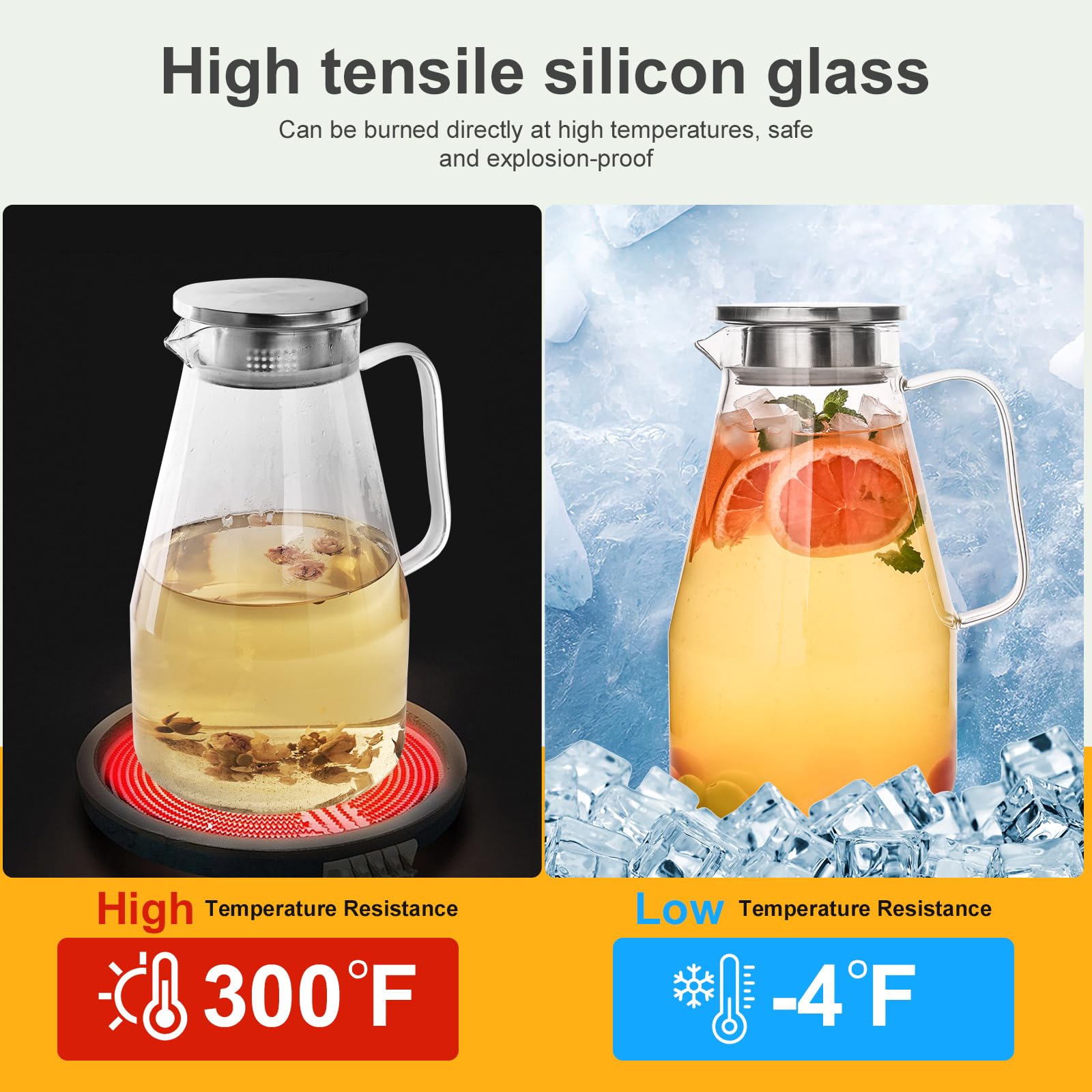 Jarra de vidrio con tapa, jarra de agua de vidrio de 1 galón, jarra de agua caliente/fría, jarra de jugo y té helado con tapa (boca extra ancha)