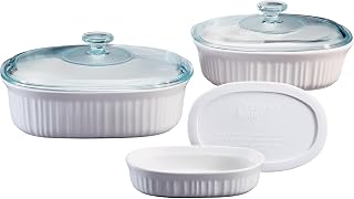 CorningWare French White 6-Piece Stoneware Bakeware Set with Lids - Chip-Resistant, Oven, Microwave, Freezer Safe