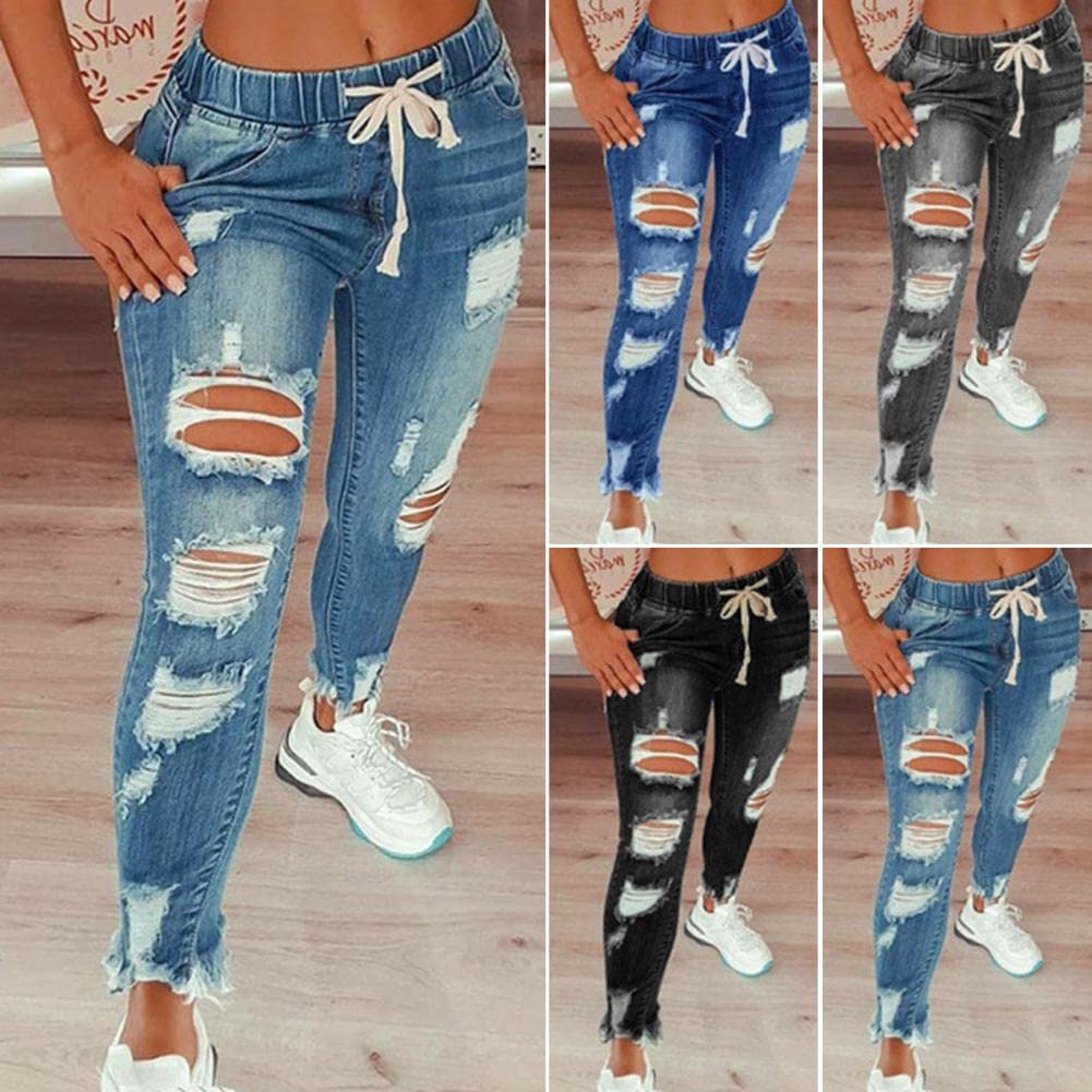 Jeans Damen Hose Jeanshose Female Women Damen-Jeans Mit Zerrissenen Löchern, Dehnbar, Schmal Geschnittene All-Match-Denimhose Für Den Täglichen Gebrauch