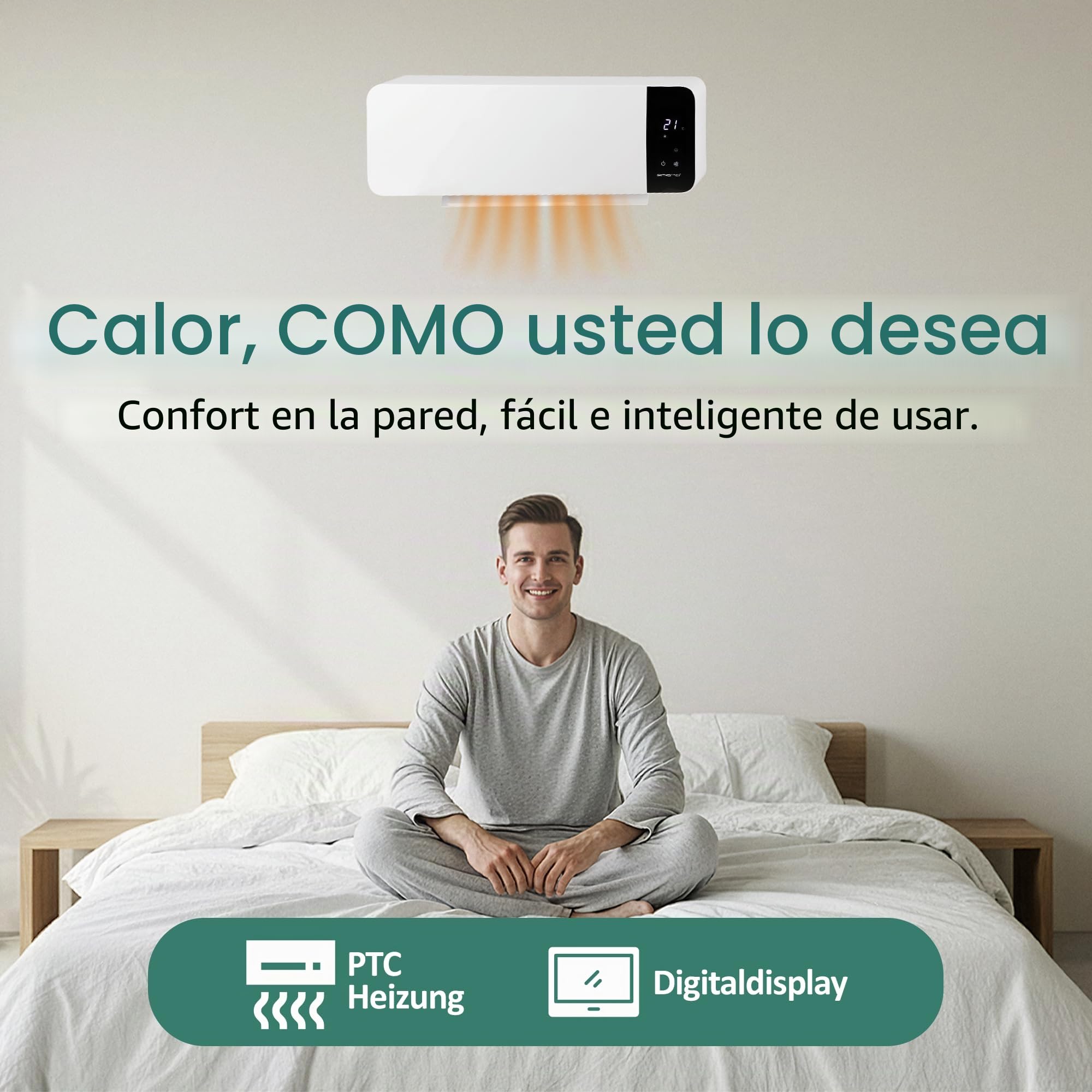 EMERIO FH-133172 Calentador de ventilador de pared, 2000 W, temporizador de remojo ajustable, elemento calefactor PTC (cerámica), 2 modos de calor, termostato ajustable, ventana abierta, detección