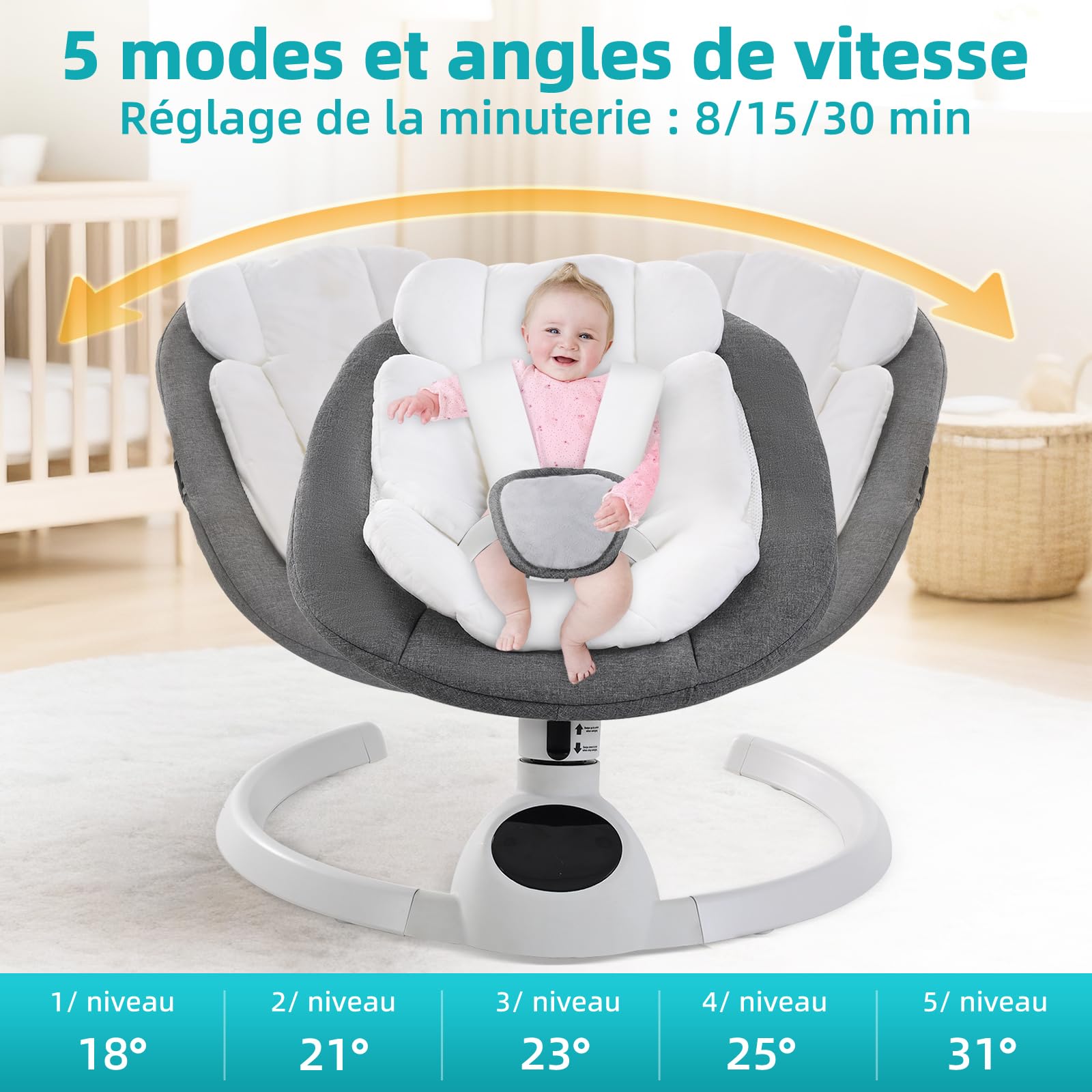 Balancelle Bébé Électrique jusqu'à 9 kg, Pliable Bluetooth, 5 Vitesses, Minuterie 3 Niveaux, Télécommande