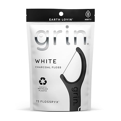 GRIN Hilo dental con infusión de carbón blanco, 75 unidades, hilo dental, sabor a menta, plástico reciclado, púas de hilo dental con infusión de