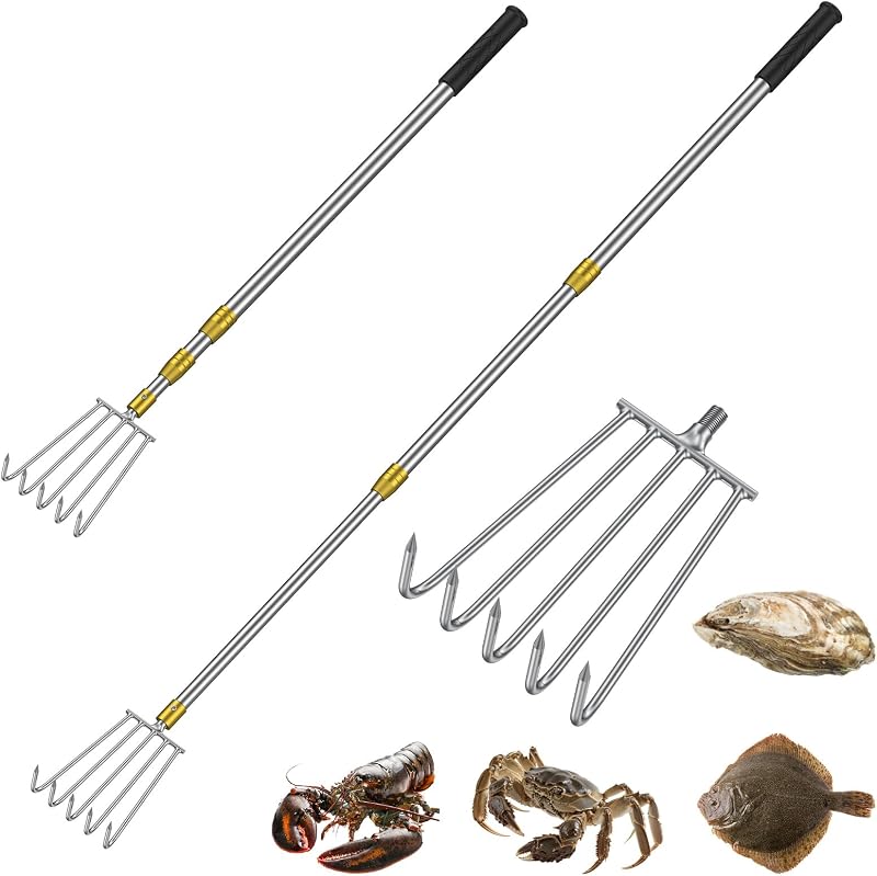 Rastrillo para estanque Pawfly, rastrillo para malas hierbas acuáticas, rastrillo de búsqueda de acero inoxidable, 4/5 púas | Rastrillo de lago, rastrillo de mano telescópico, herramienta de búsqueda al aire libre para pesca, caza y exploración de ranas