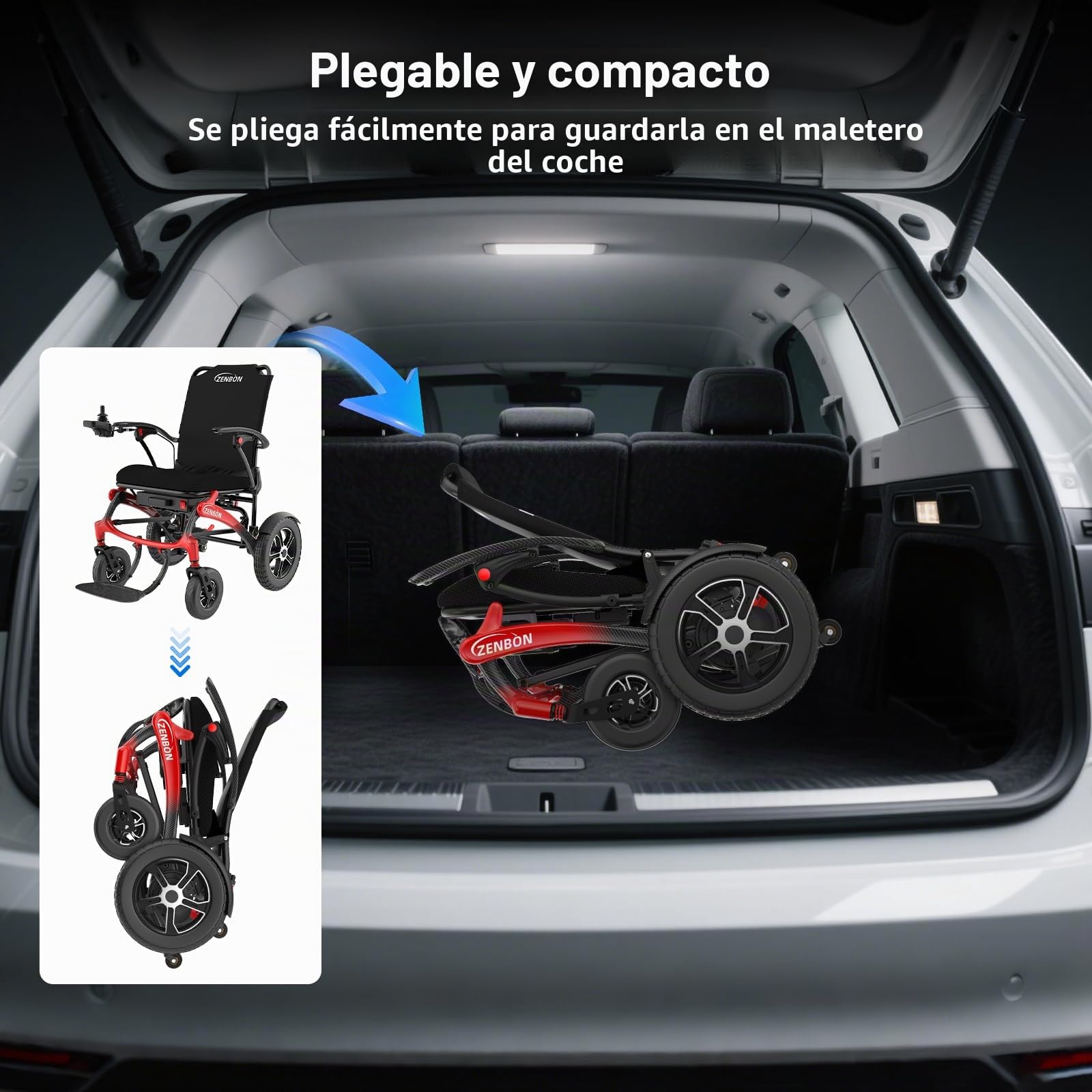 Silla de Ruedas Eléctrica Plegable de Carbono 19,8 kg: Silla de Ruedas Eléctrica Ligera y Plegable con Ruedas Grandes de PU de 30 cm para Todo Tipo de Terrenos Hasta 150 kg