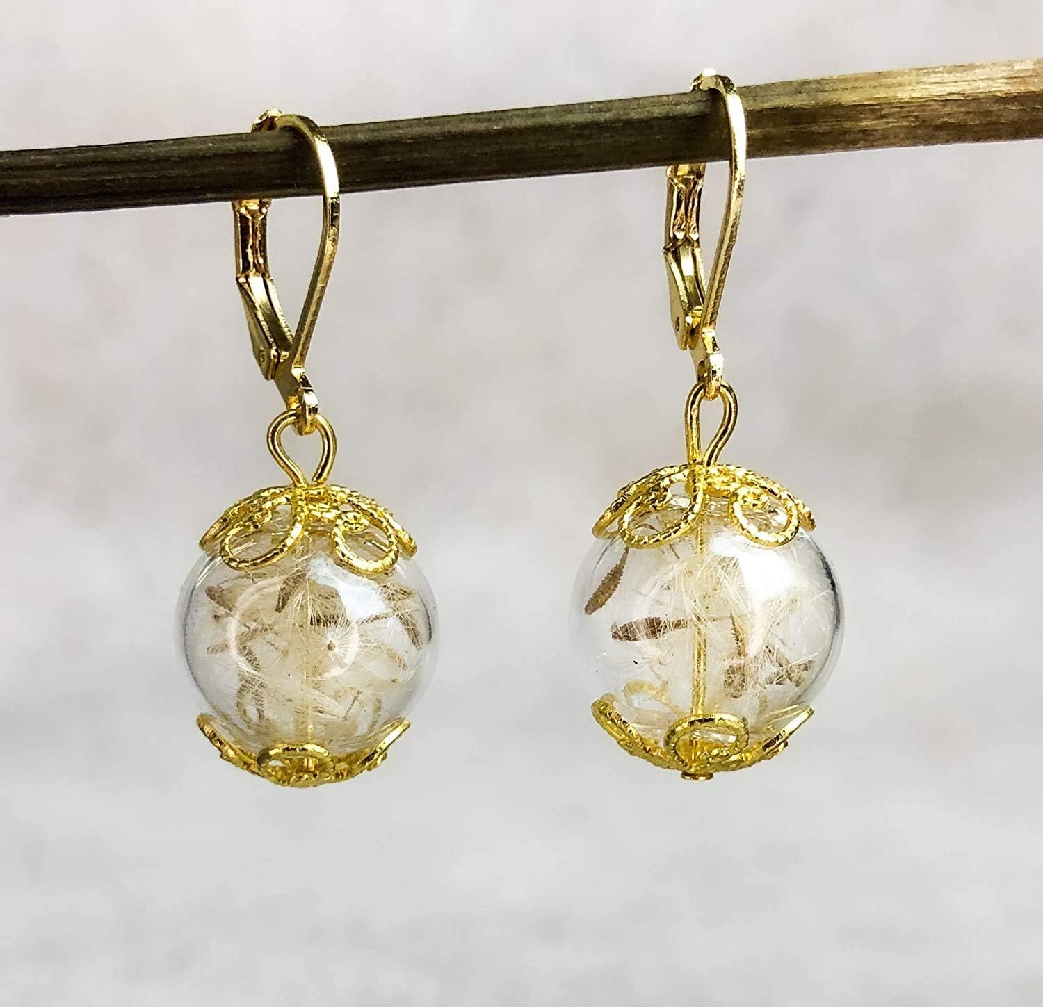 Real Dandelion Earrings - Gold Plated - Lever Back Hooks - Hanging 3cm/1.18inch - Handmade in Germany - Gift Box