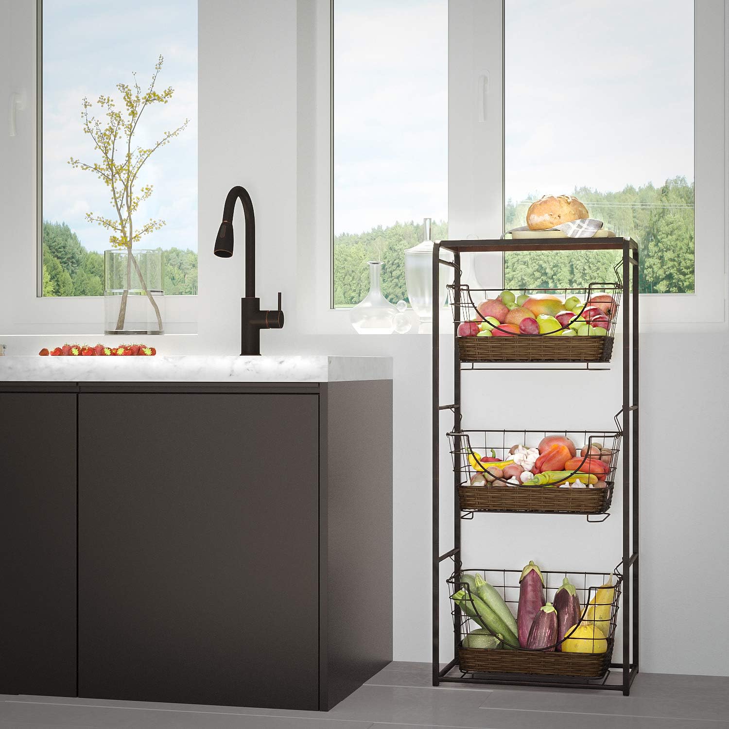 Exclusive Discount 80% Offer Home Intuition 3-Tier Removable Wire Baskets Stand and Shelf Fruit Vegetable Produce Metal Hanging Storage Bin for Kitchen, Antique Black