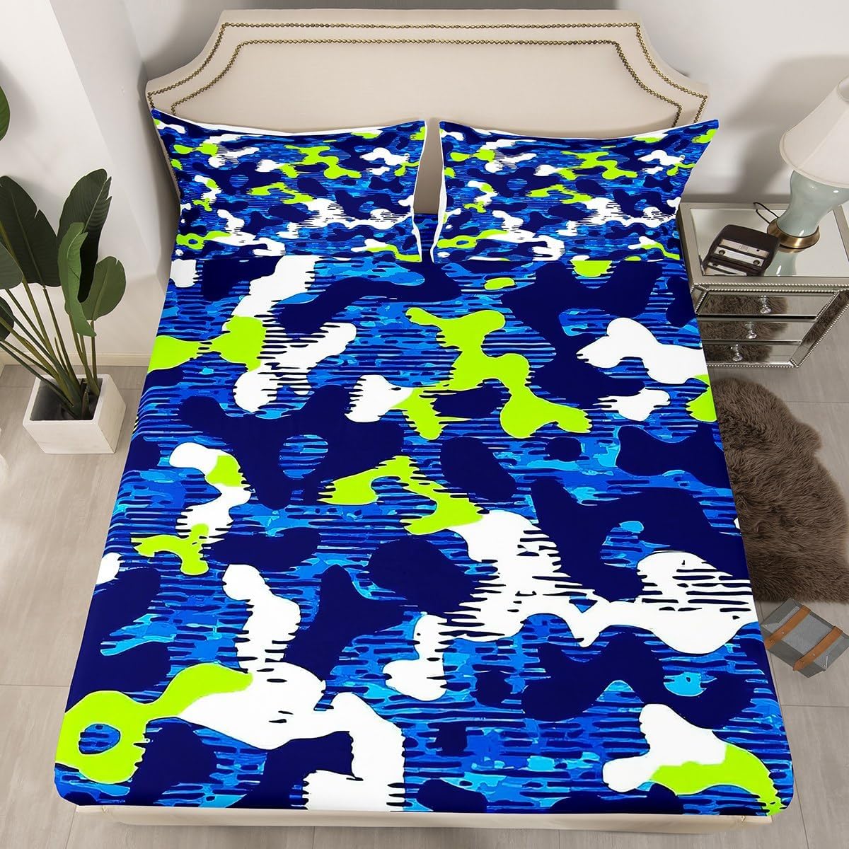 Erosebridal Camouflage Blue Sheet Set Full Size 4Pcs Yellow White Camouflage Bed Sheet Room Decor Army Campaign Militarily Style Fitted Sheet Abstract Geometric Colorful Flat Sheet