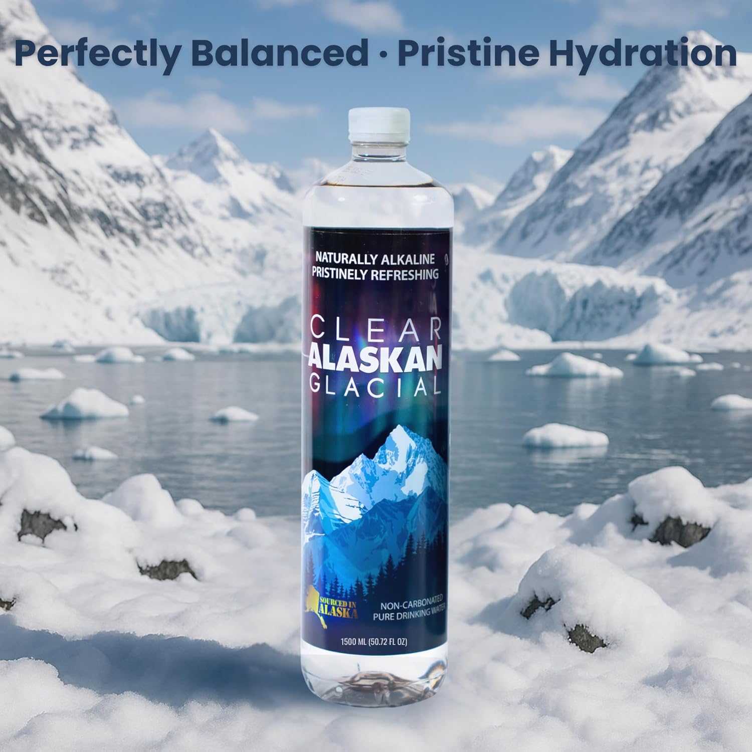 Clear Alaskan Fresh Glacier Water - Naturally Alkaline Glacial Water, rich in Minerals and Electrolytes | 50.72 Fl Oz (1500 ml) - Pack of 12 | Pristine and bottled at the source in BPA-free plastic bottles.
