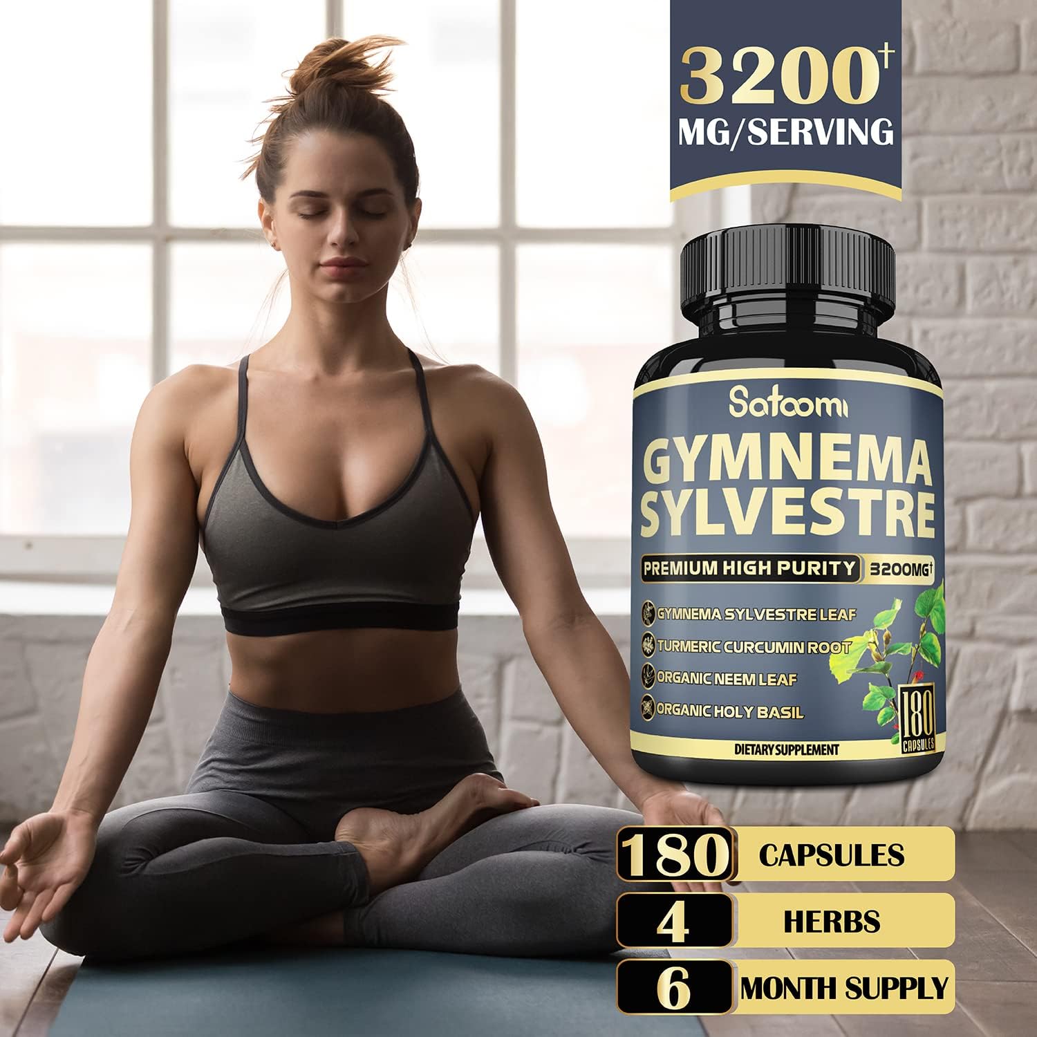 Gymnema Sylvestre Supplement 𝟑𝟐𝟎𝟎𝐦𝐠 - 𝟔 𝐌𝐨𝐧𝐭𝐡 𝐒𝐮𝐩𝐩𝐥𝐲 - Blended with Turmeric Curcumin & Neem Leaf, Holy Basil - Gurmar Capsules for Diabetes- 1 Pack 180 Vegan Capsules