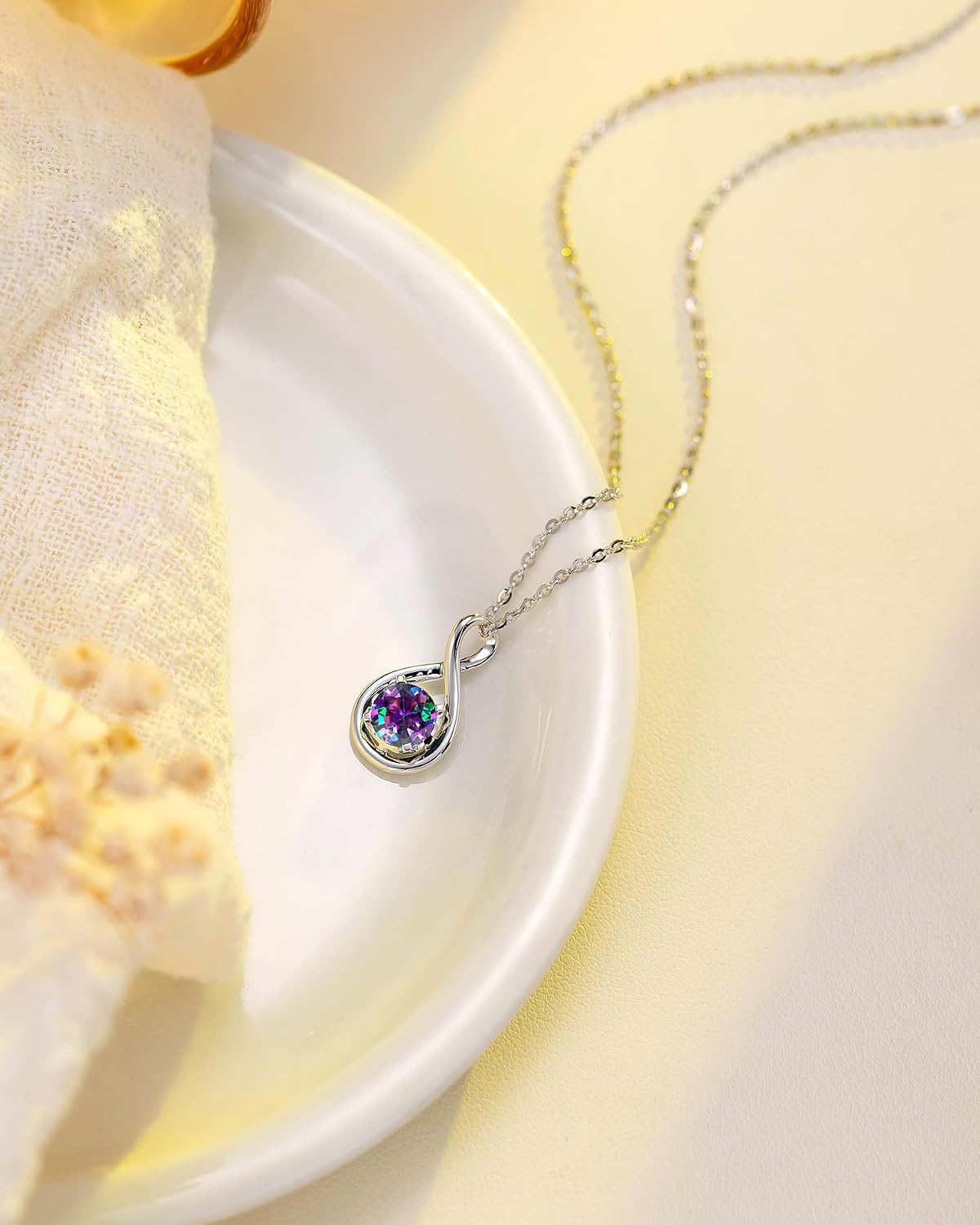 FANCIME 14K Solid Gold Birthstone Pendant with Sterling Silver Chain Infinity Gemstone Necklace Fine Jewelry Anniversary Birthday Mothers Day Gifts for Women Wife Her