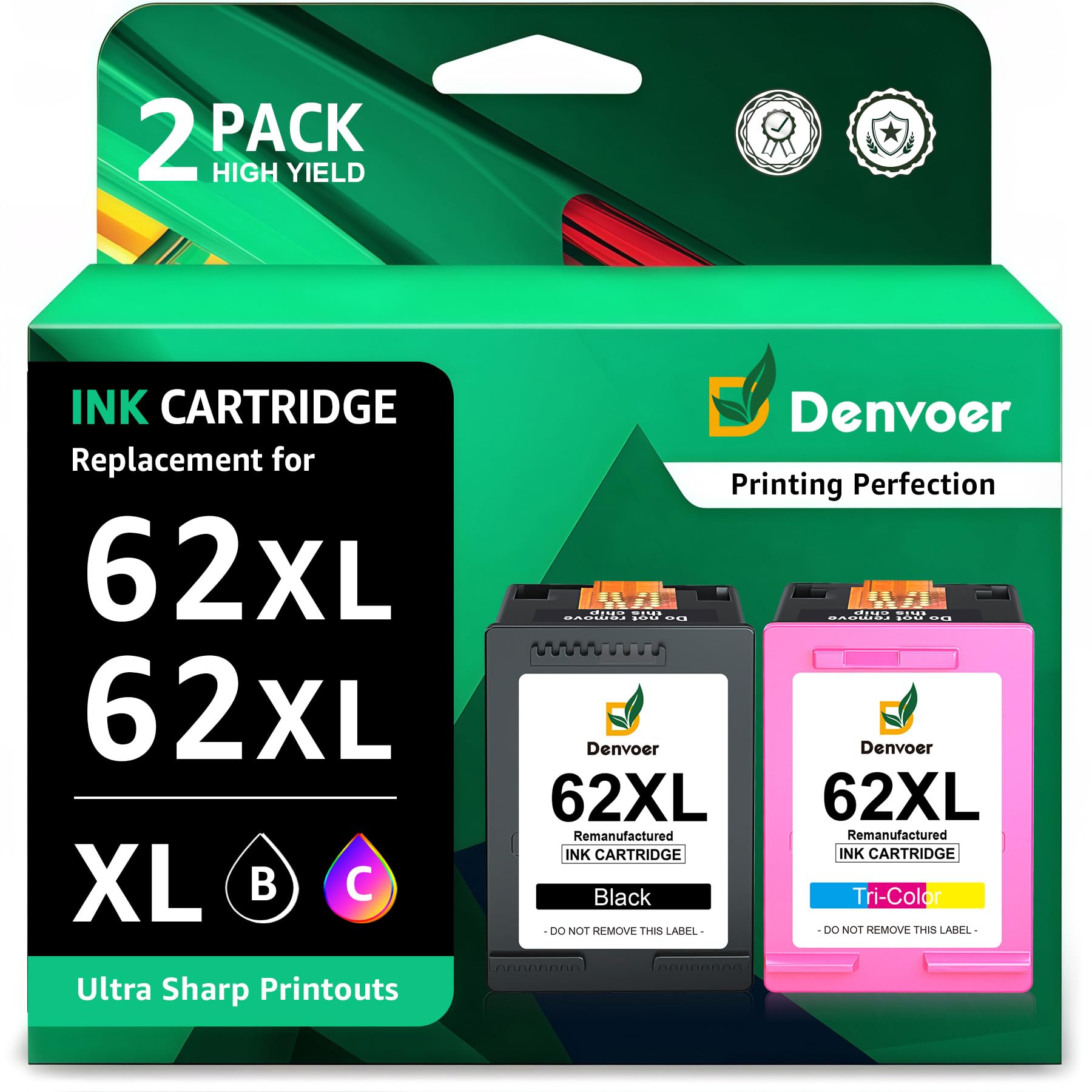 Denvoer 62XL Cartouches remanufacturées Noir et Couleur pour HP 62