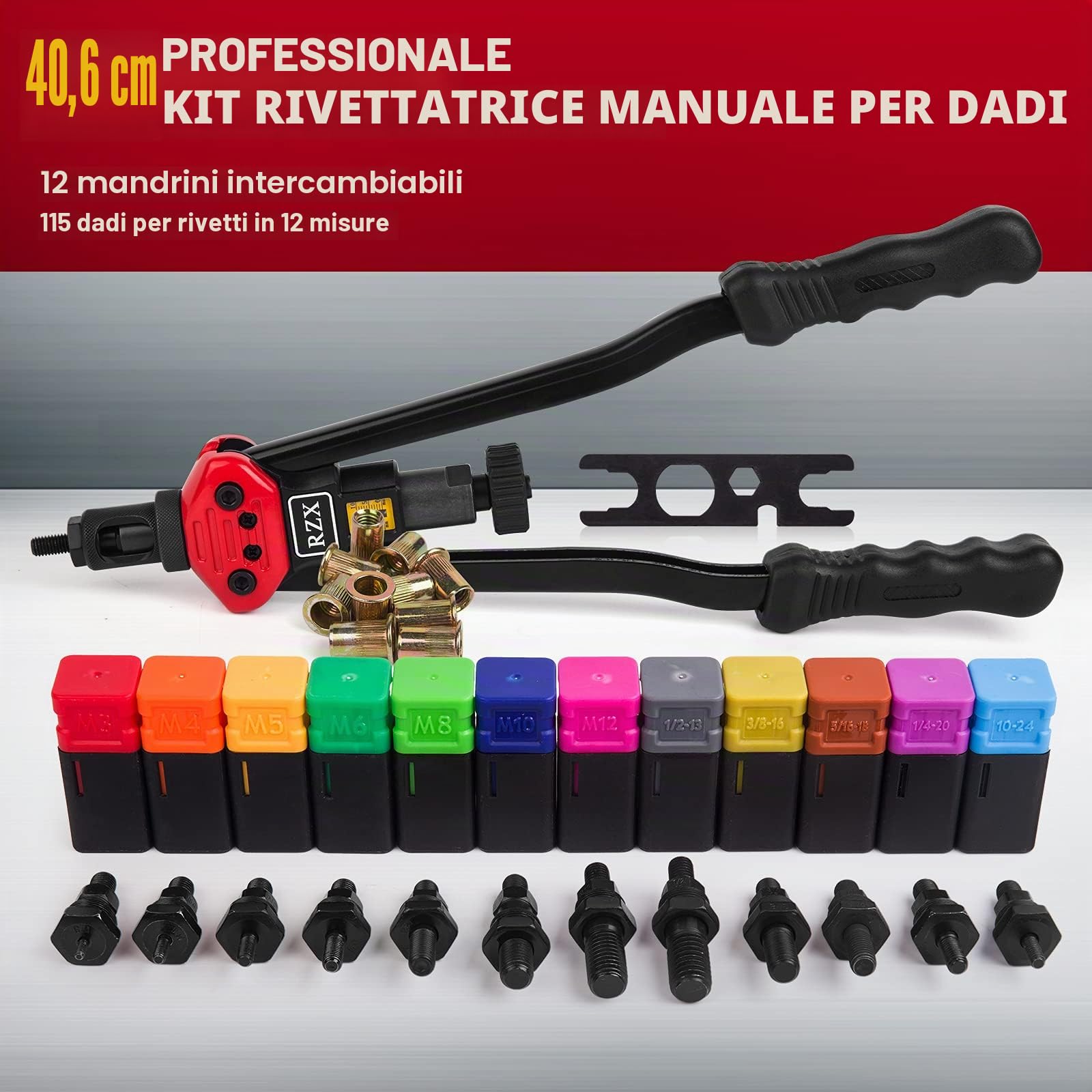 RZX Rivettatrice cieca a mano da 40,6 cm, rivettatrice rivettatrice con sistema di regolazione del dado, 12 mandrini M3 M4 M5, m6, m8, m10 M12, 10-24, 1/4-20, 5/16-18,3/8-16,1/2-13 +111 5 dadi per