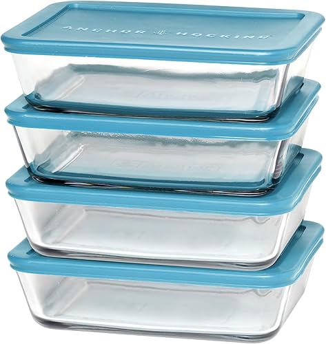 Anchor Hocking SnugFitTM - Recipientes rectangulares de almacenamiento de alimentos con tapas (4 piezas, 6 tazas, verde azulado, aptos para horno)