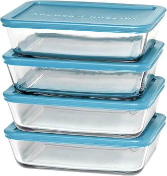 Anchor Hocking SnugFitTM Rectangular Food Storage Containers with Lids 4-Piece, 6-cup, Teal, oven-safe