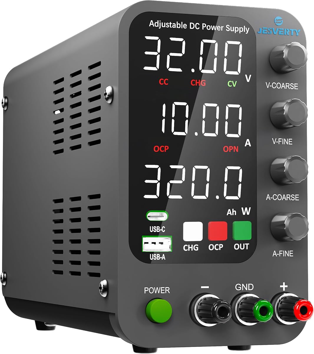 Fuente de alimentación CC variable, fuente de alimentación de banco conmutada 0-32 V 0-10 A con modo de carga inteligente, carga rápida USB y tipo C de 20 W, perilla codificadora, interruptor de salida, pantalla LED de 4 dígitos - SPS-3010C