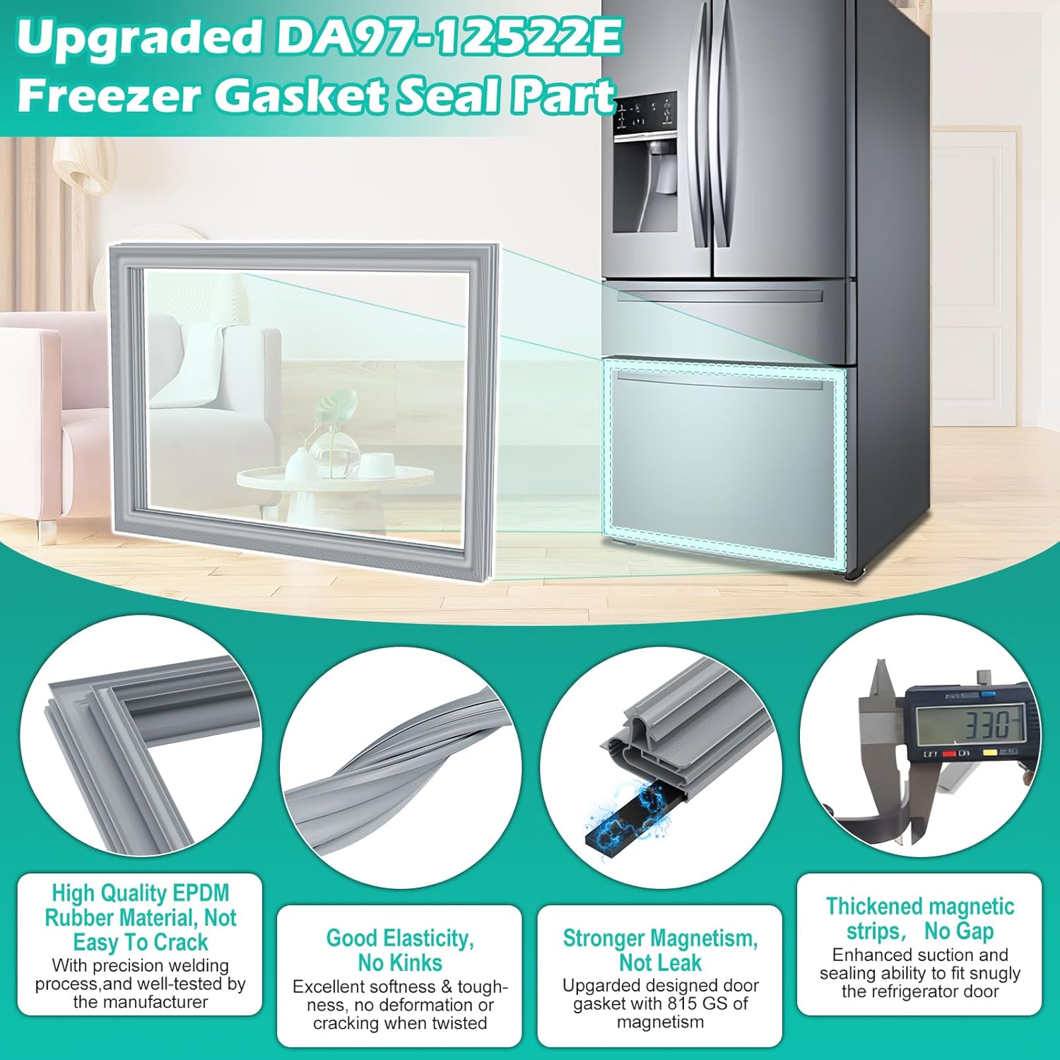 Upgraded DA97-12522E Refrigerator Freezer Door Gasket Seal Replacement Compatible with Samsung Refrigerator - 31.5"x21.46" Gray Freezer Door Seal, Fixes Cooling Issues & Energy Loss