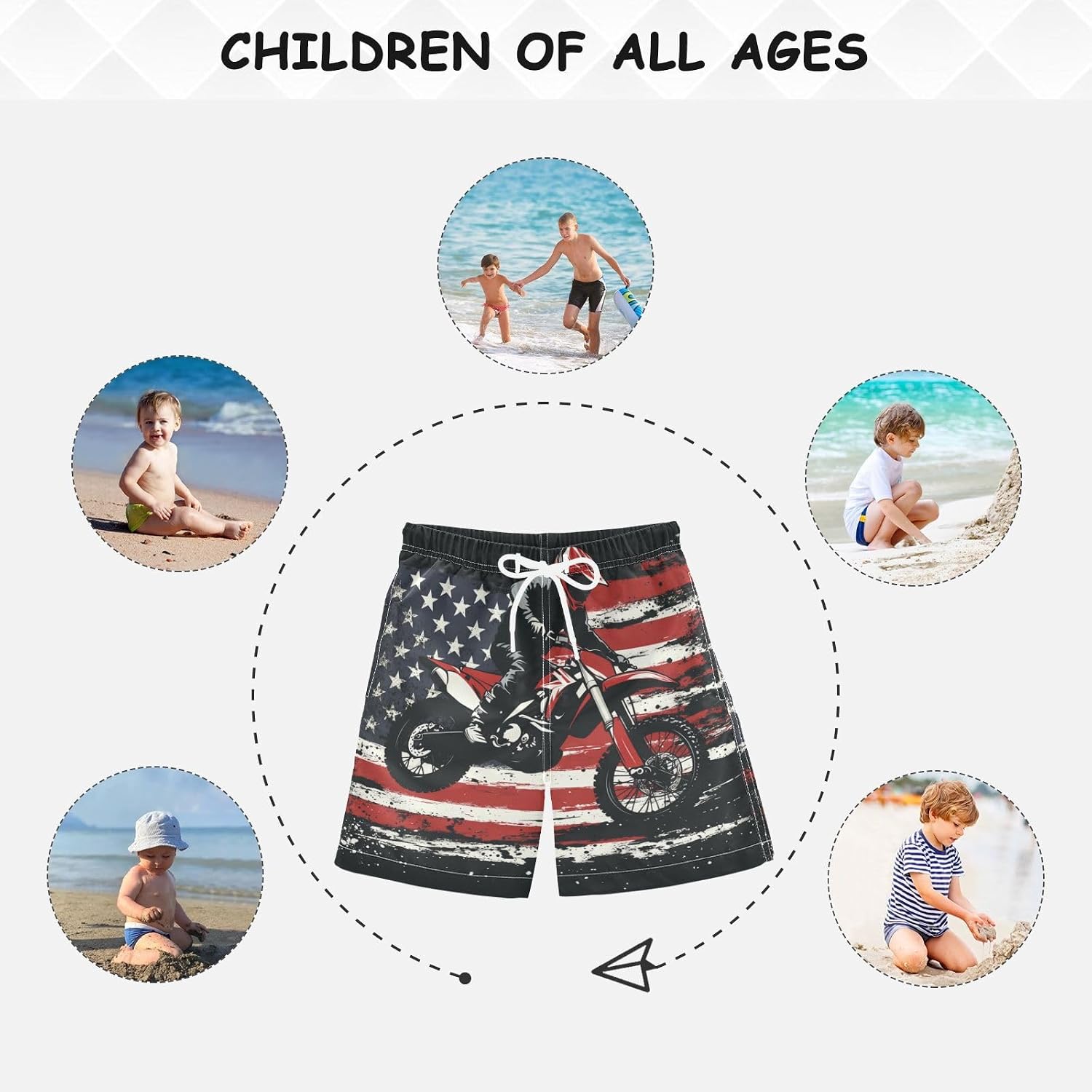 Red Dirt Bike Flying Over USA Flag Boys Swim Trucks Quick Dry Bathing Suit Swimsuit Swimwear Beach Shorts