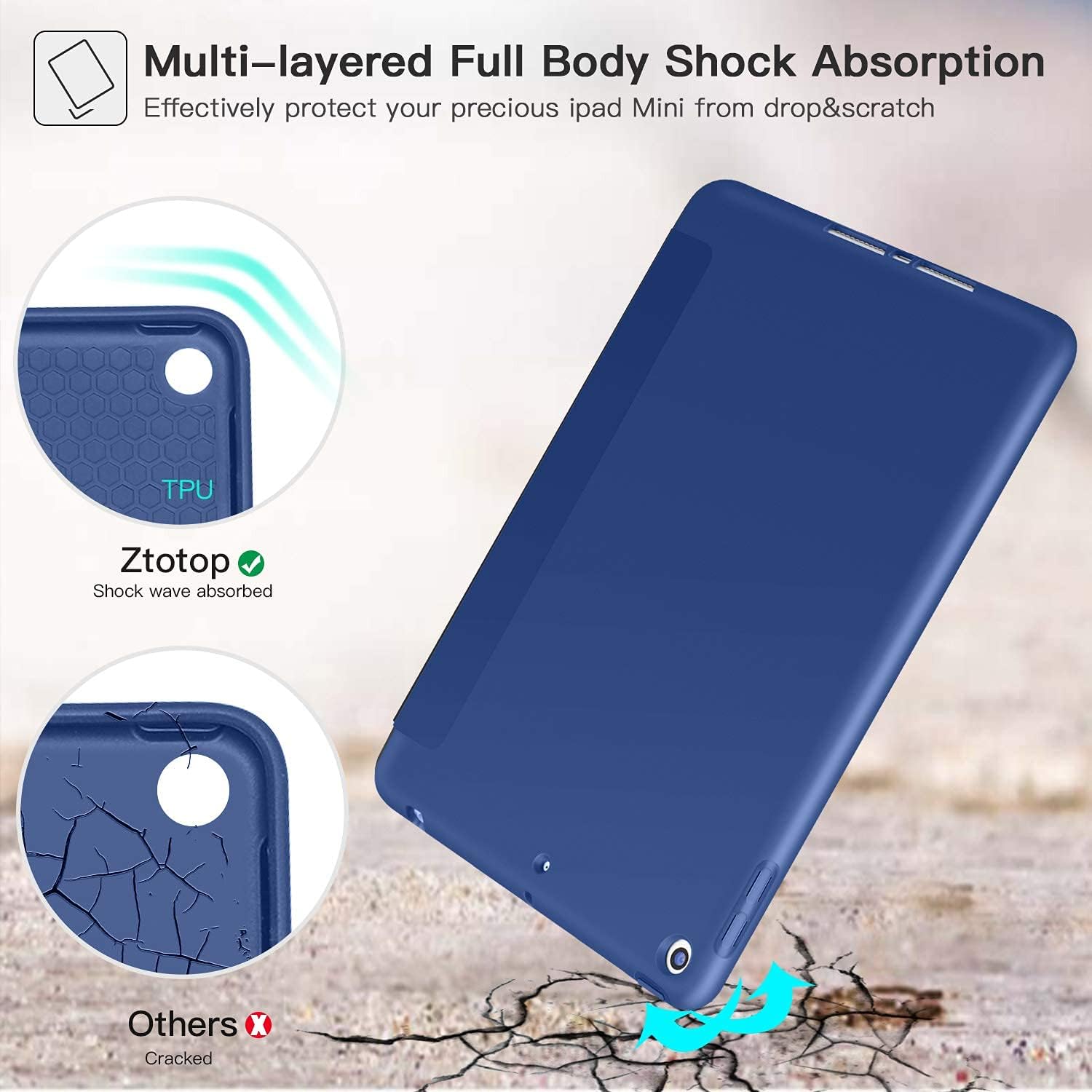 ZtotopCase for iPad Mini 5 2019 with Pencil Holder, Lightweight Soft TPU Back and Trifold Stand Smart Cover with Auto Sleep/Wake,Protective for iPad Mini 5th Generation 7.9" 2019 Release,Navy Blue
