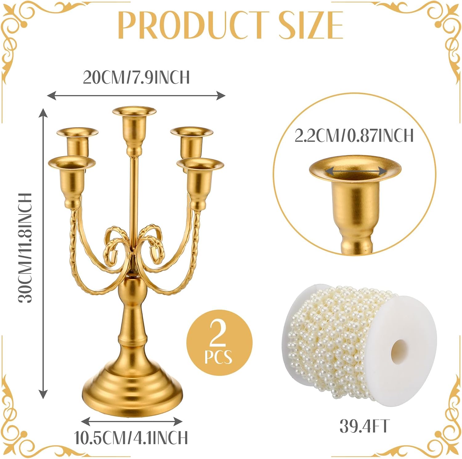 Yungyan Metal Gold Candelabra Centerpiece for Wedding Set of 2 Brass Candelabra Candle Stand with 39.3 ft Pearl Chains 11.8'' Tall 5-branch Vintage Taper Candlestick Holder for Wedding Party Reception