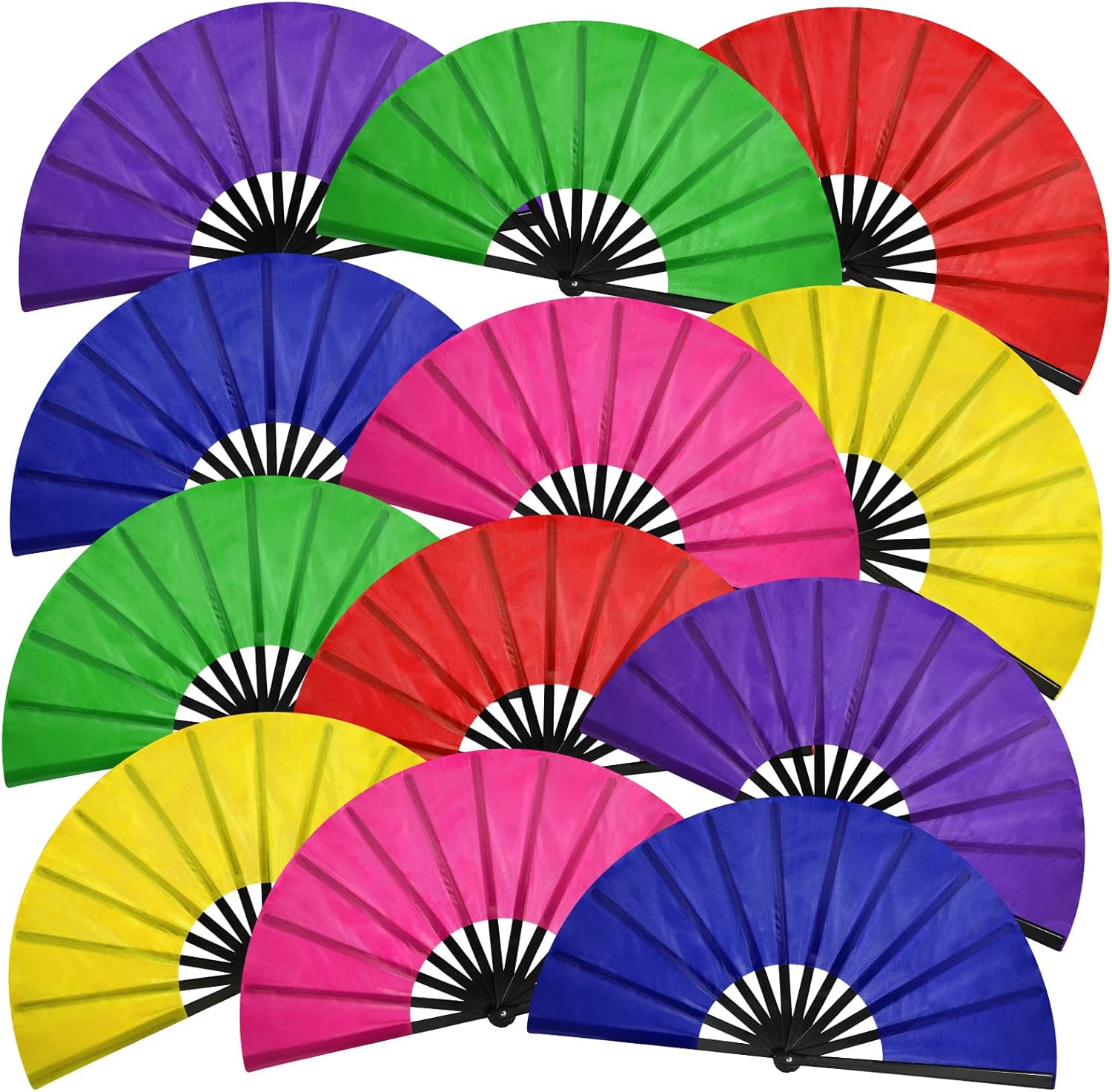 12 Pcs Large Folding Fan Set - Line Dance and Burst Chinese Kung Fu Hand Fan Burst Clicking Fan for Line Dance Classic Color Style Decoration for Performance Dance Wedding Party Dance Lovers