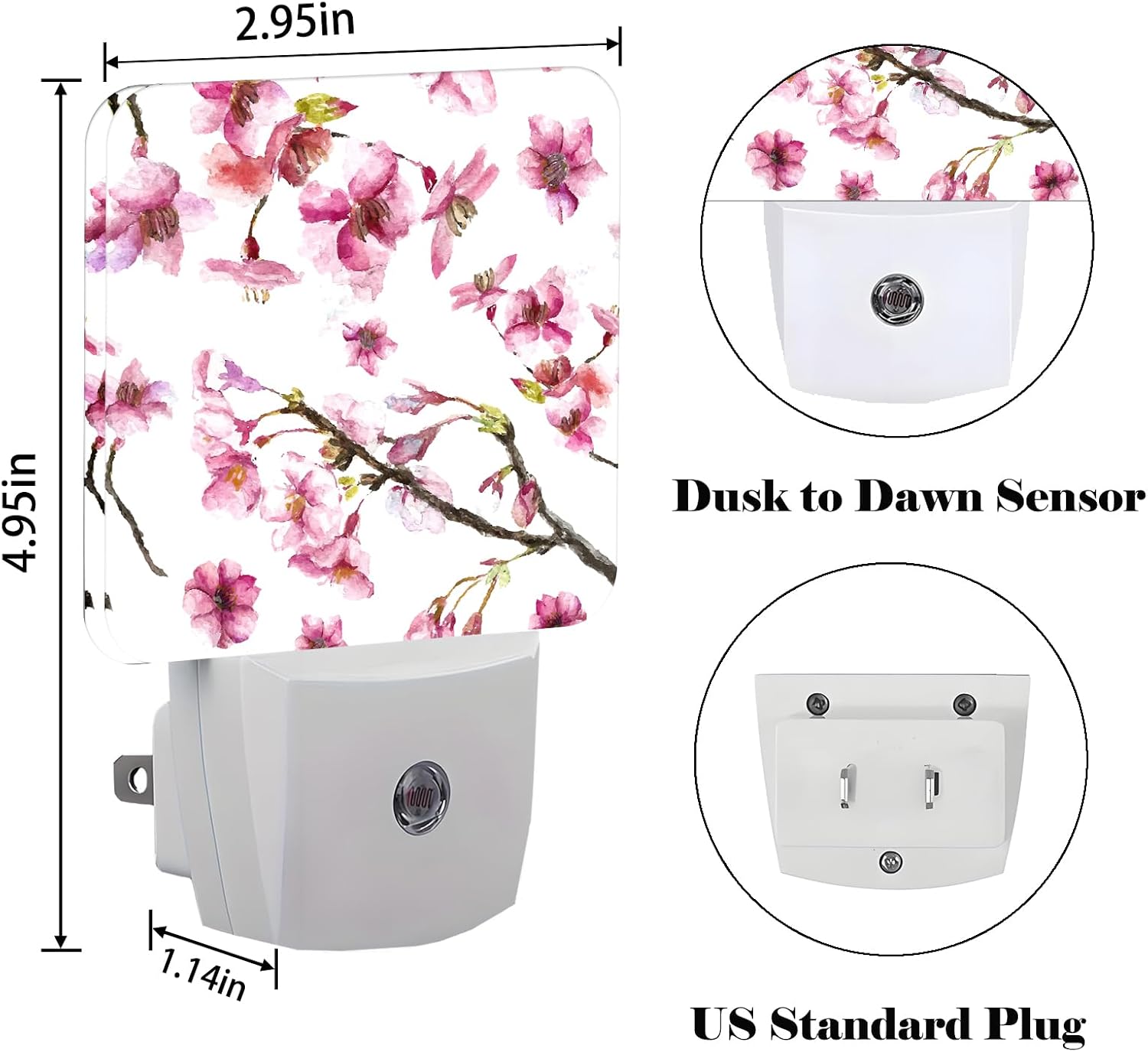Watercolor Cherry Blossoms Night Light,Plug-in Night Lights with Dusk to Dawn Sensor for Stairway,Hallway,Bedroom Sleep Friendly Ideal for Women/Girls/Boys Gift,0.5w image 2