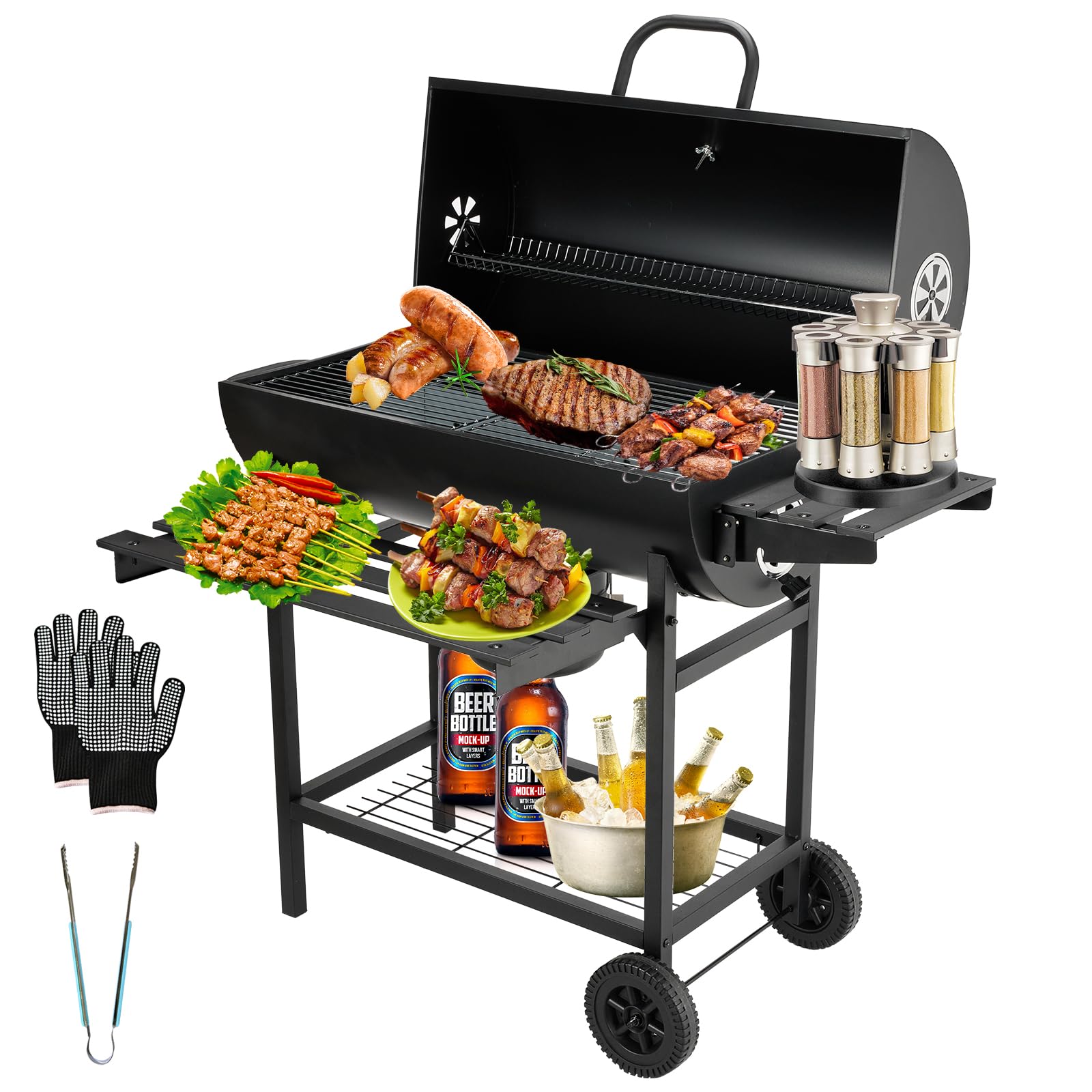 TEENO Wood Charcoal Grill Cart, XXL Covered Charcoal Grill with Thermometer, Ash Drawer, Heat-Resistant Gloves, Adjustable Vent, Large Wood Charcoal BBQ (Basic)